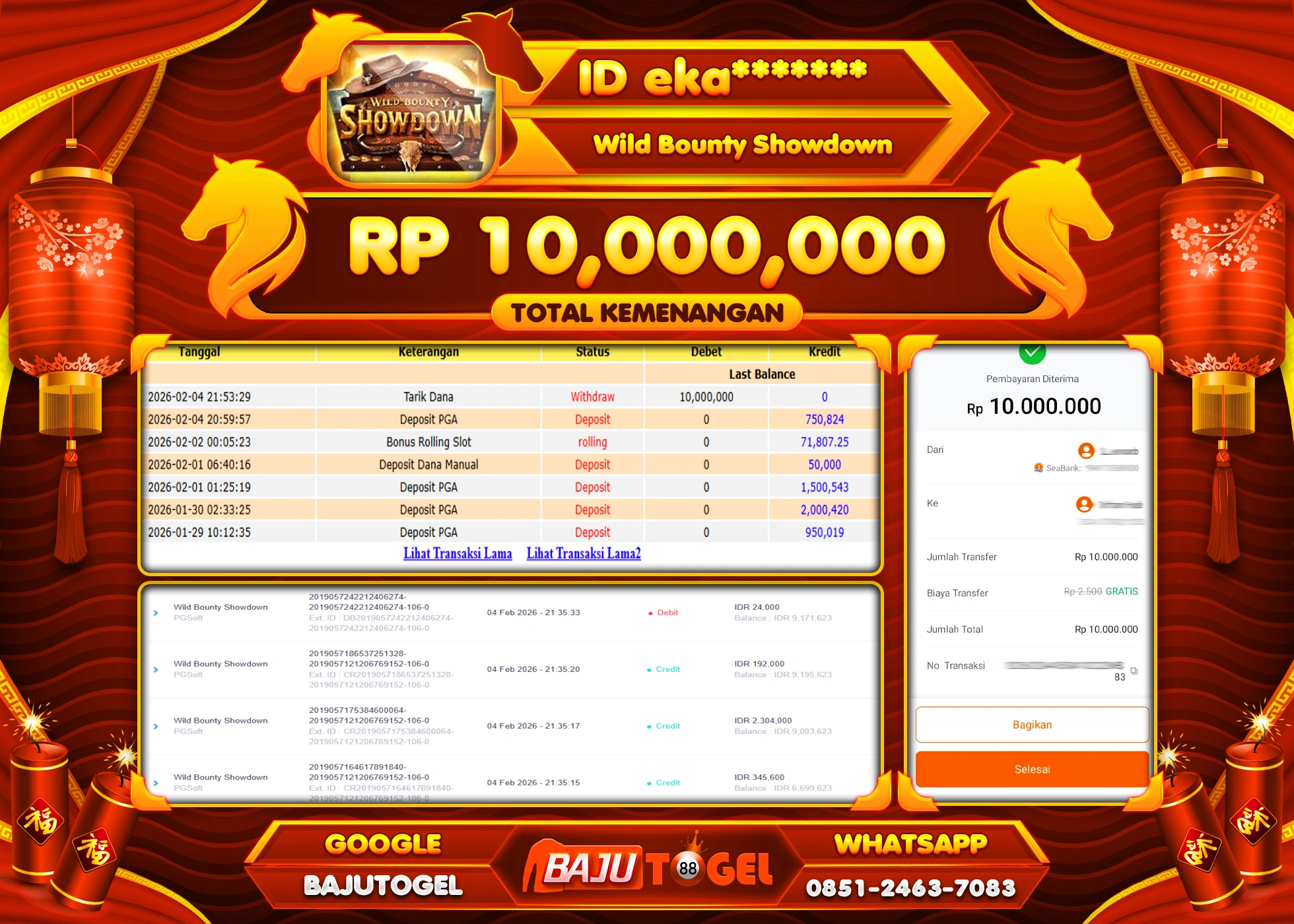 BAJUTOGEL KEMENANGAN JACKPOT DI SLOT WILD BOUNTY SHOWDOWN Rp.10,000,000 LUNAS