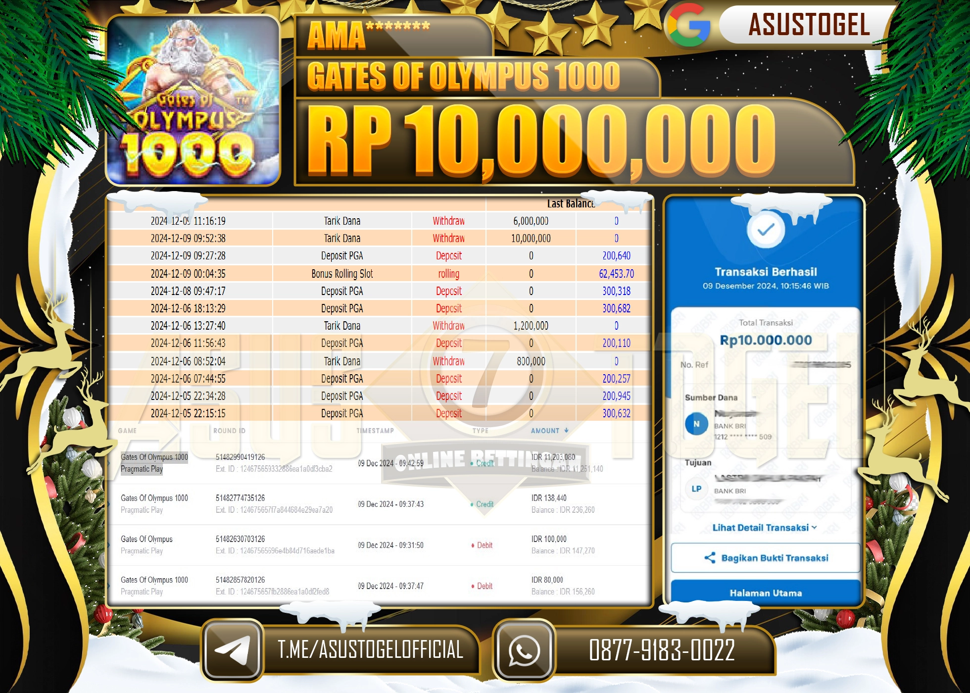 ASUSTOGEL KEMENANGAN DI GAMES SLOT GATES OF OLYMPUS 1000 SEBESAR 10,000,000- RUPIAH LUNAS