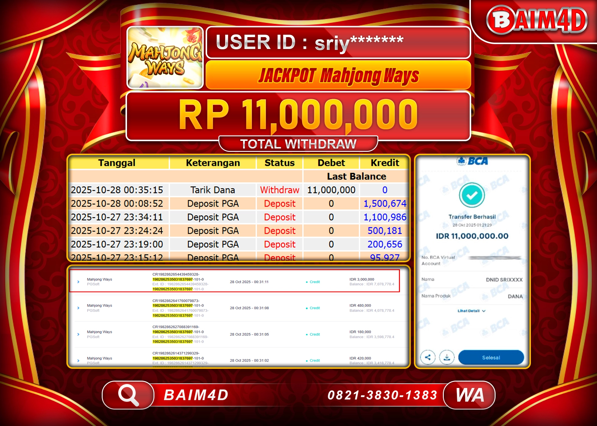 BAIM4D JACKPOT SLOT MAHJONG WAYS PG SOFT Rp.11,000,000 - LUNAS