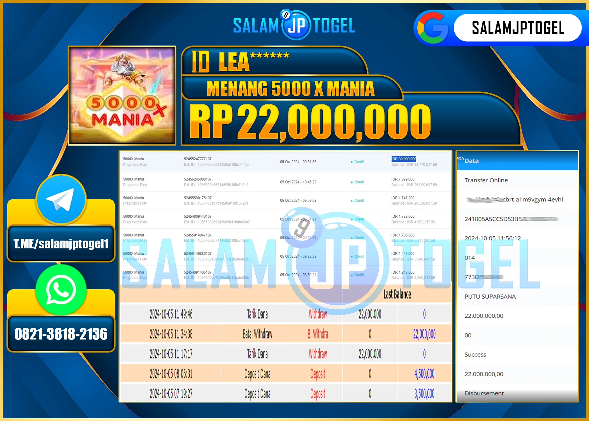 SALAMJPTOGEL MENANG 5000X SLOT Mania RP. 22,000,000 LUNAS