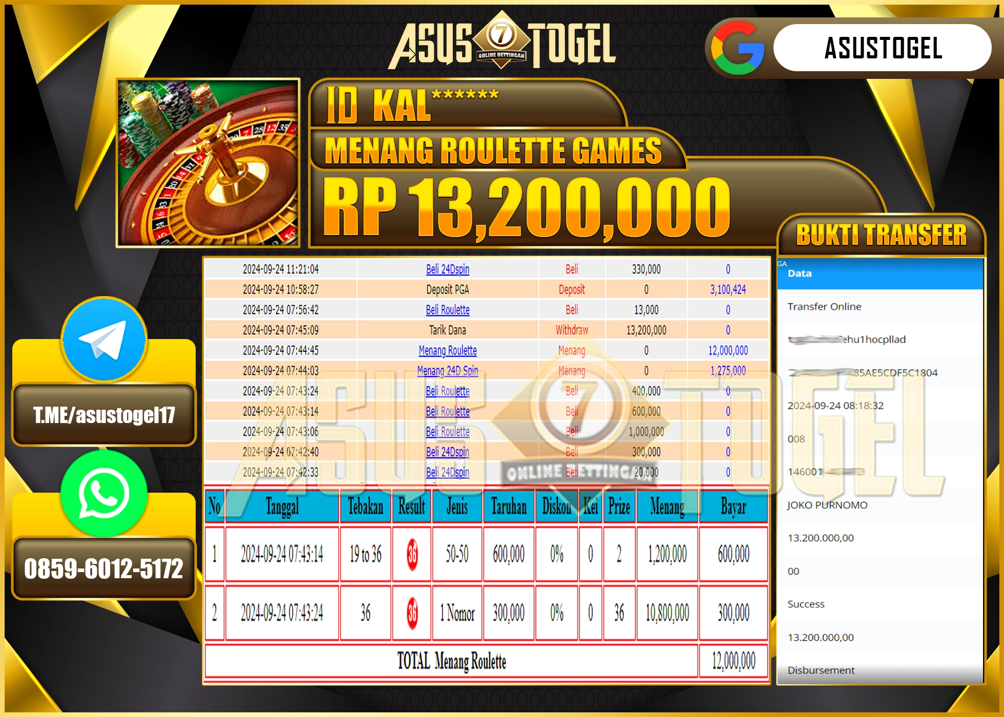ASUSTOGEL KEMENANGAN DI PERMAINAN ROULETTE GAMES SEBESAR 13,200,000- RUPIAH LUNAS