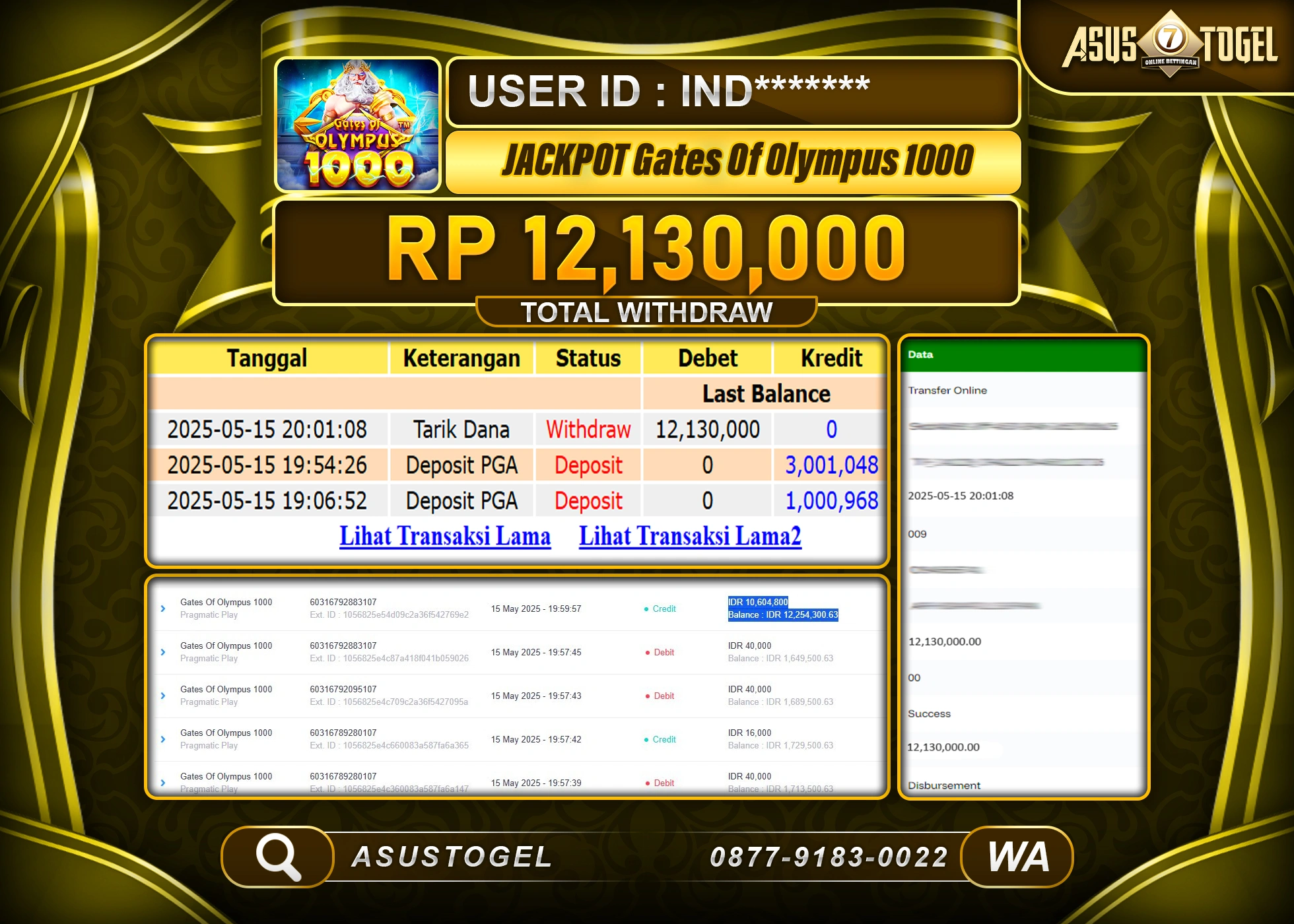 ASUSTOGEL KEMENANGAN DI  SLOT GATES OF OLYMPUS SEBESAR 12,130,000- RUPIAH LUNAS