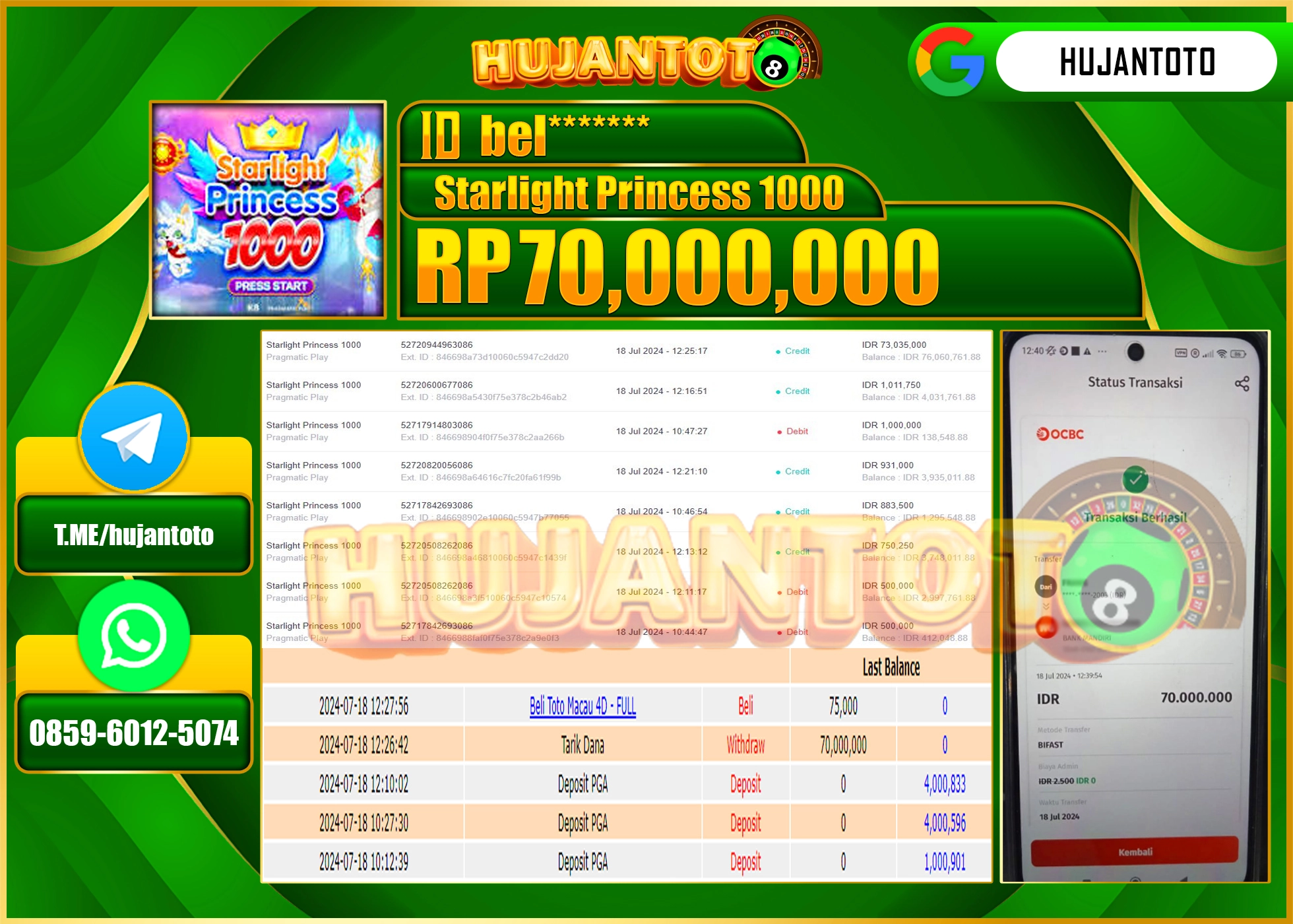 HUJANTOTO MENANG STARLIGHT PRINCESS 1000 (PRAGMATIC) 70.000.000 - LUNAS 