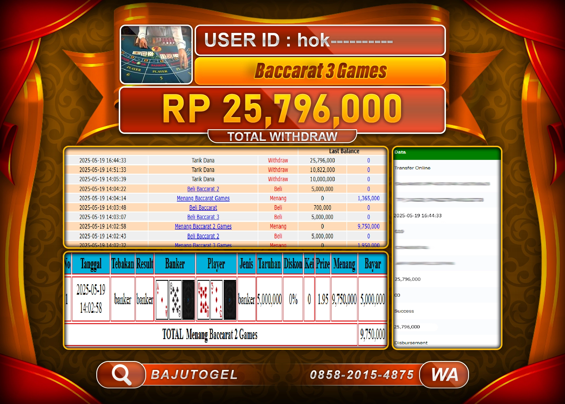 BAJUTOGEL KEMENANGAN  BACCARAT 3 GAMES Rp.25.796.000 LUNAS
