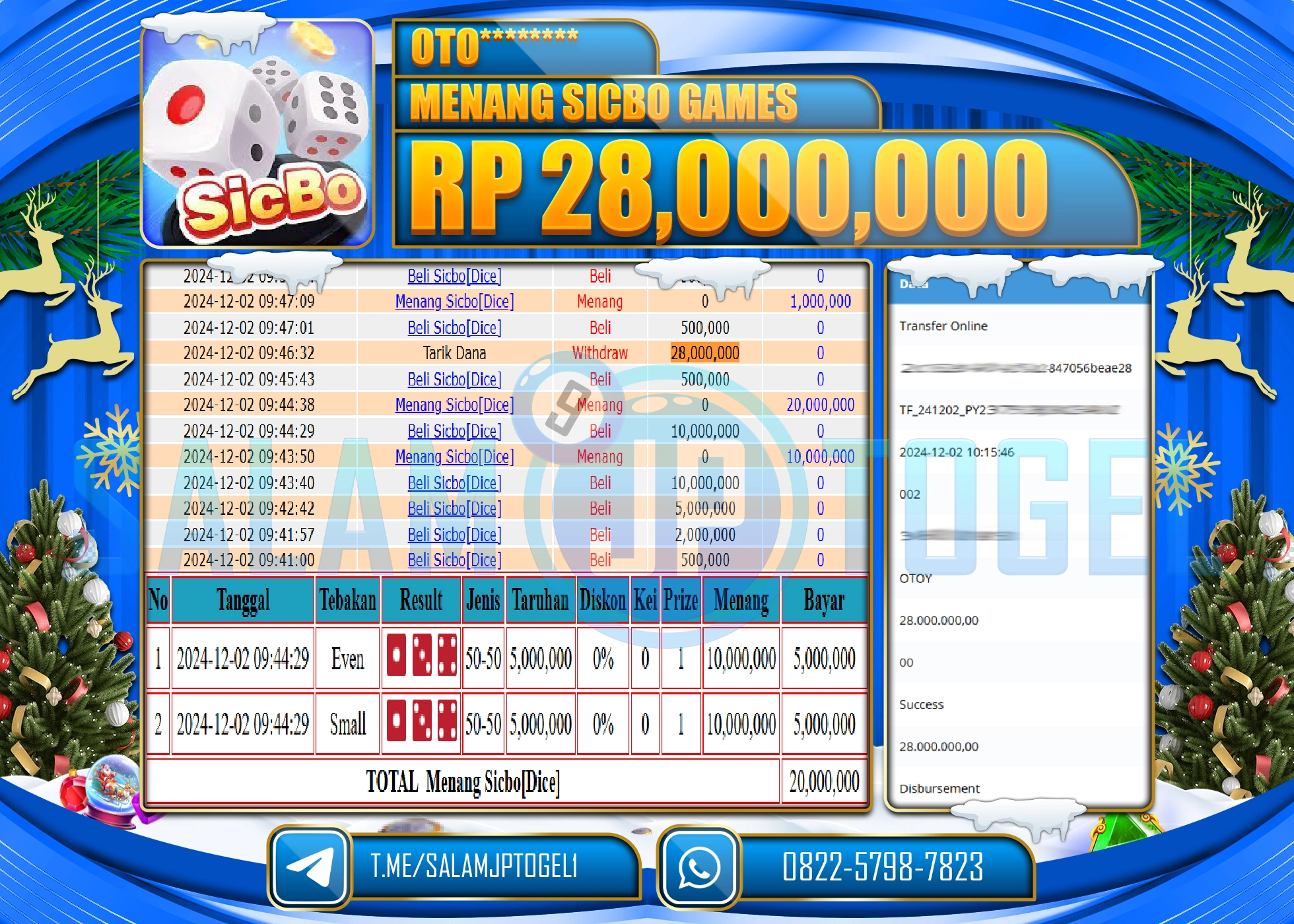 SALAMJPTOGEL MENANG LIVE GAMES SICBO DICE RP. 28,000,000 LUNAS