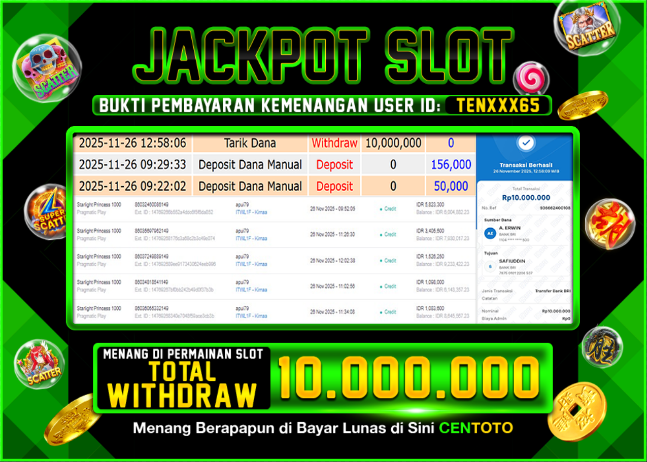 BUKTI JACKPOT SLOT CENTOTO  RP.10.000.000,-LUNAS