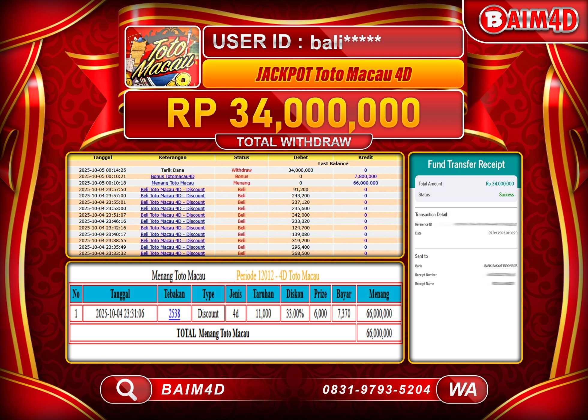 BAIM4D JACKPOT TOGEL TOTO MACAU 4D GAMES Rp.34,000,000.- LUNAS