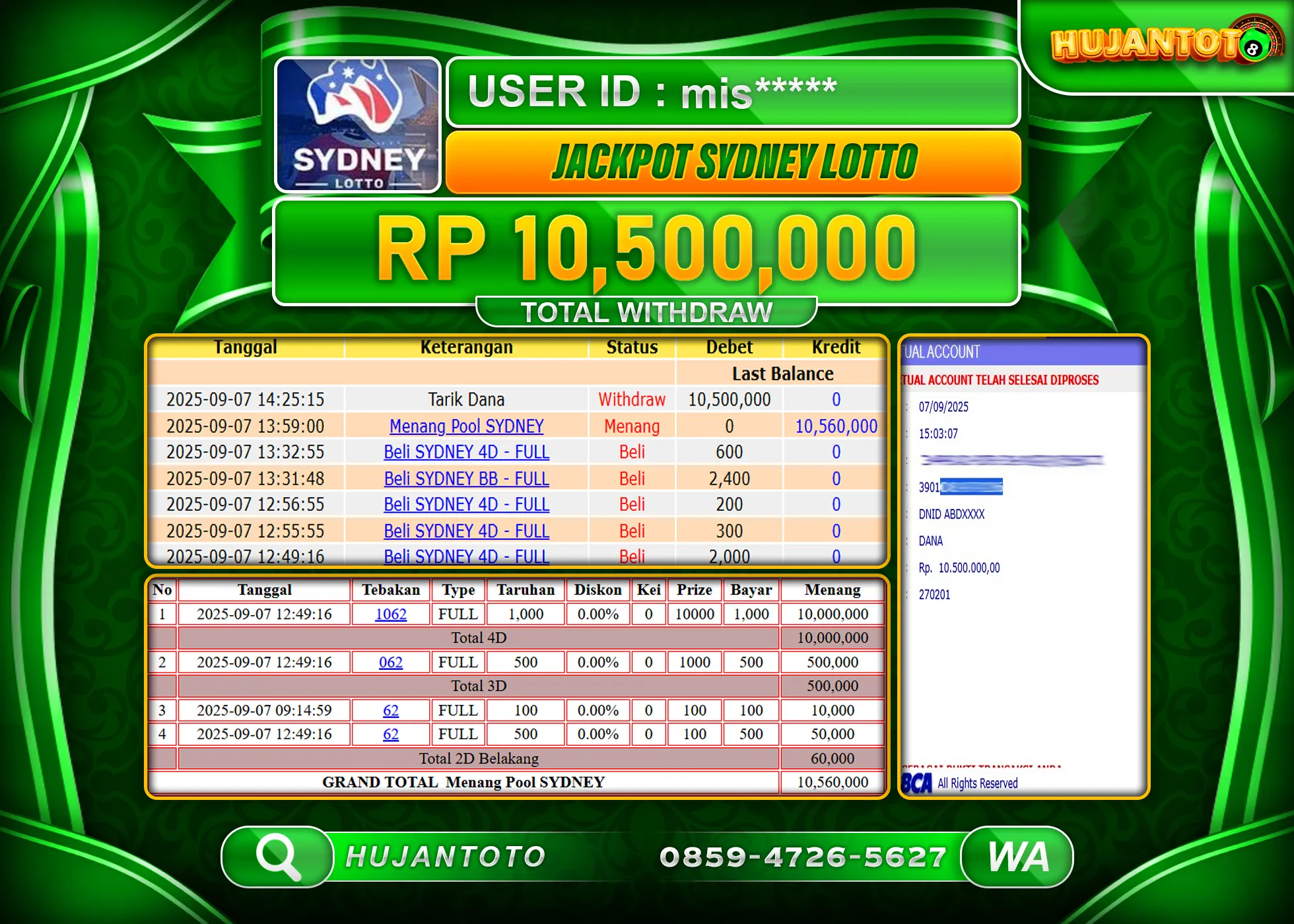 HUJANTOTO - BUKTI JACKPOT MENANG DIPERMAINAN TOGEL SYDNEY LOTTO Rp.10,500,000 - TERBAYAR LUNAS