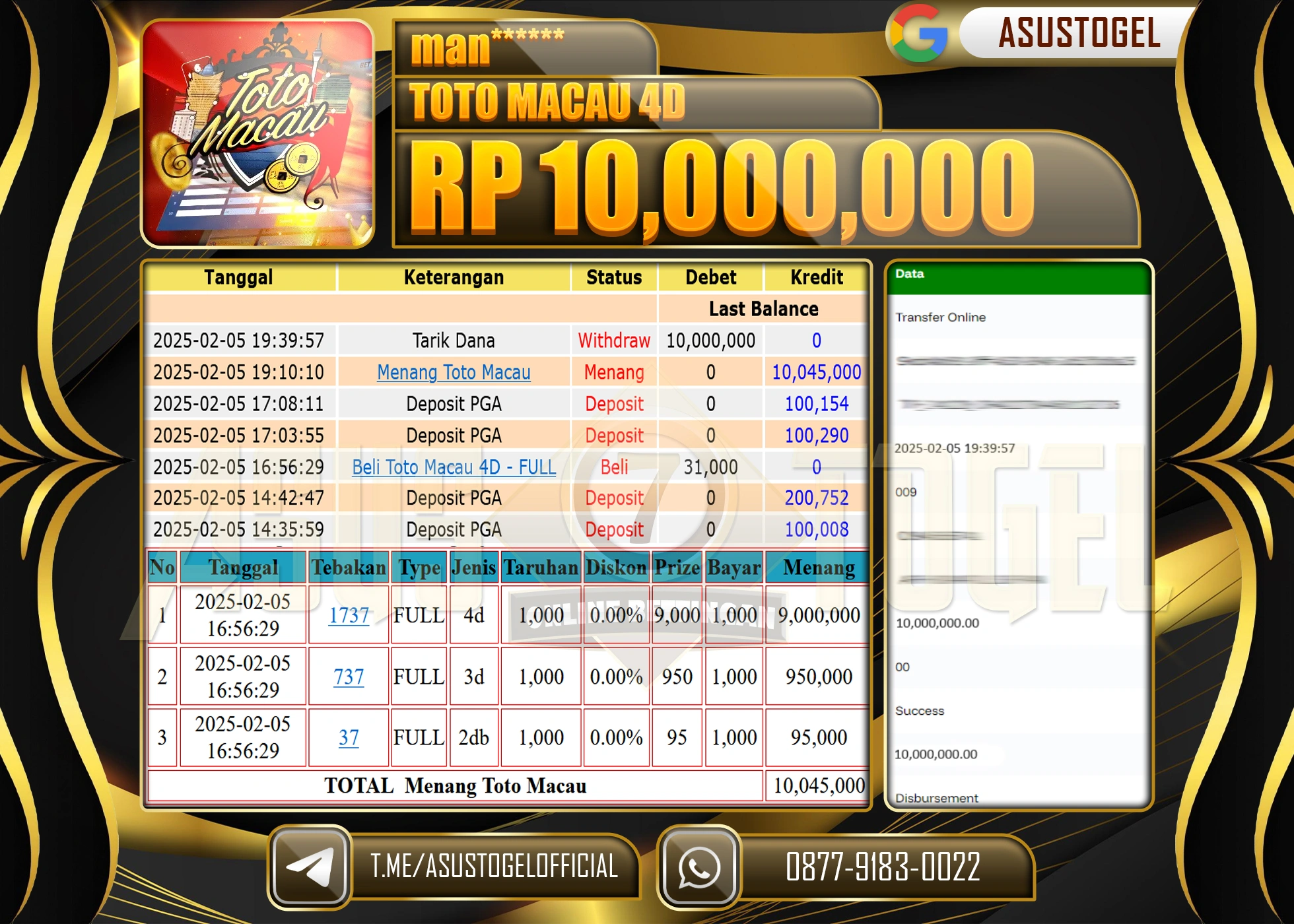 ASUSTOGEL KEMENANGAN DI TOGEL TOTO MACAU 4D SEBESAR 10,000,000 - RUPIAH LUNAS
