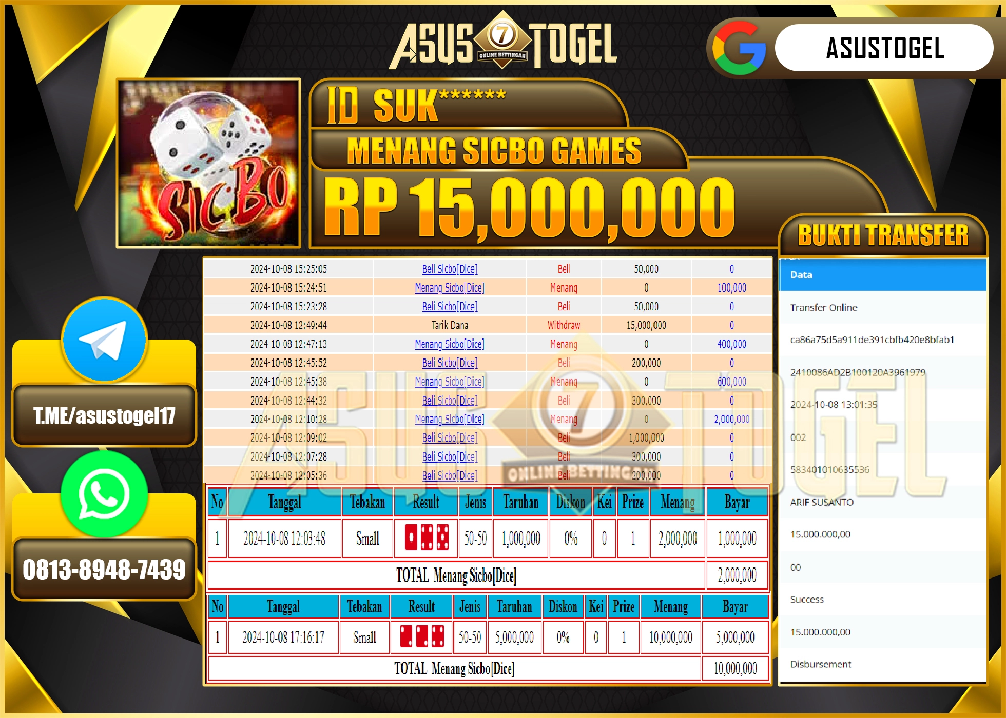 ASUSTOGEL KEMENANGAN  DI GAMES  SICBO   DICE  MENANG     SEBESAR 15,000,000- RUPIAH LUNAS