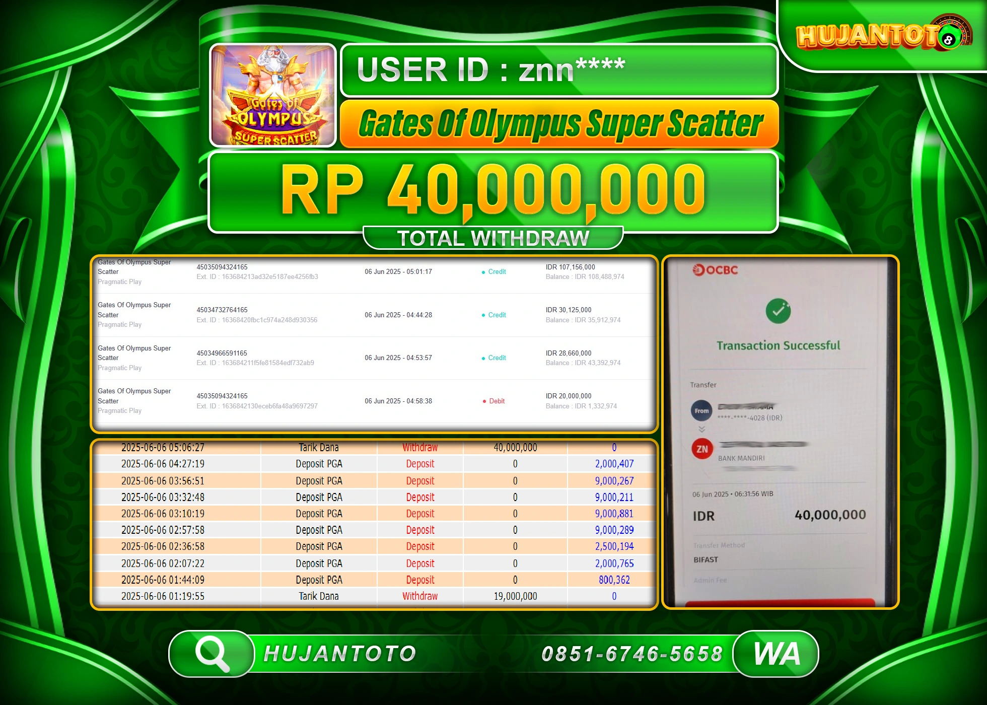 HUJANTOTO - BUKTI JACKPOT MENANG SLOT GATES OF OLYMPUS SUPER SCATTER Rp.40,000,000 - TERBAYAR LUNAS