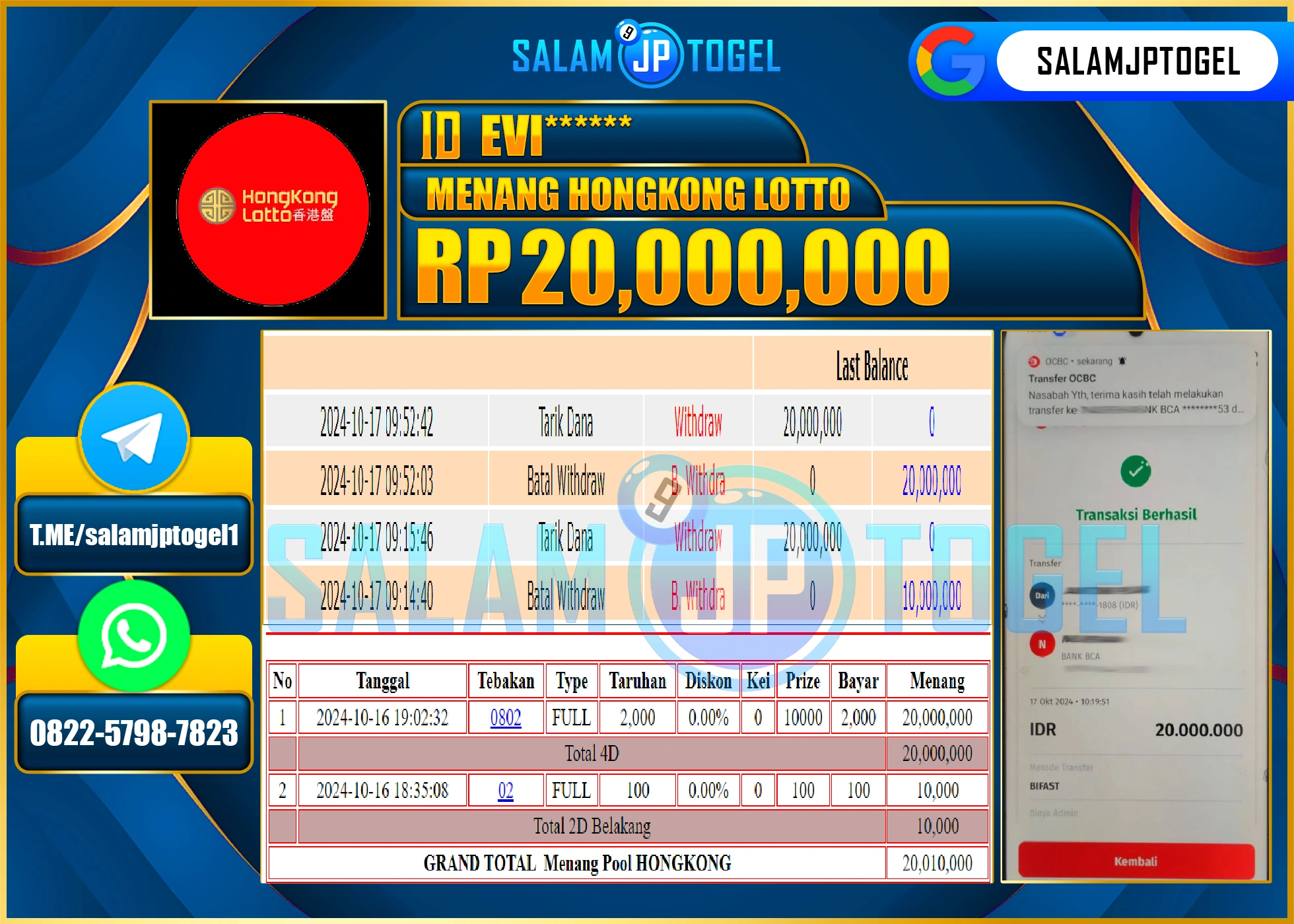 SALAMJPTOGEL MENANG HONGKONG LOTTO RP. 20,000,000 LUNAS