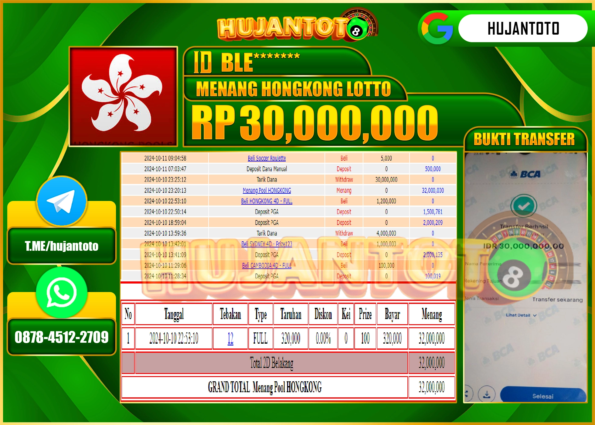 HUJANTOTO MENANG DI HONGKONG LOTTO 30.000,000- LUNAS 