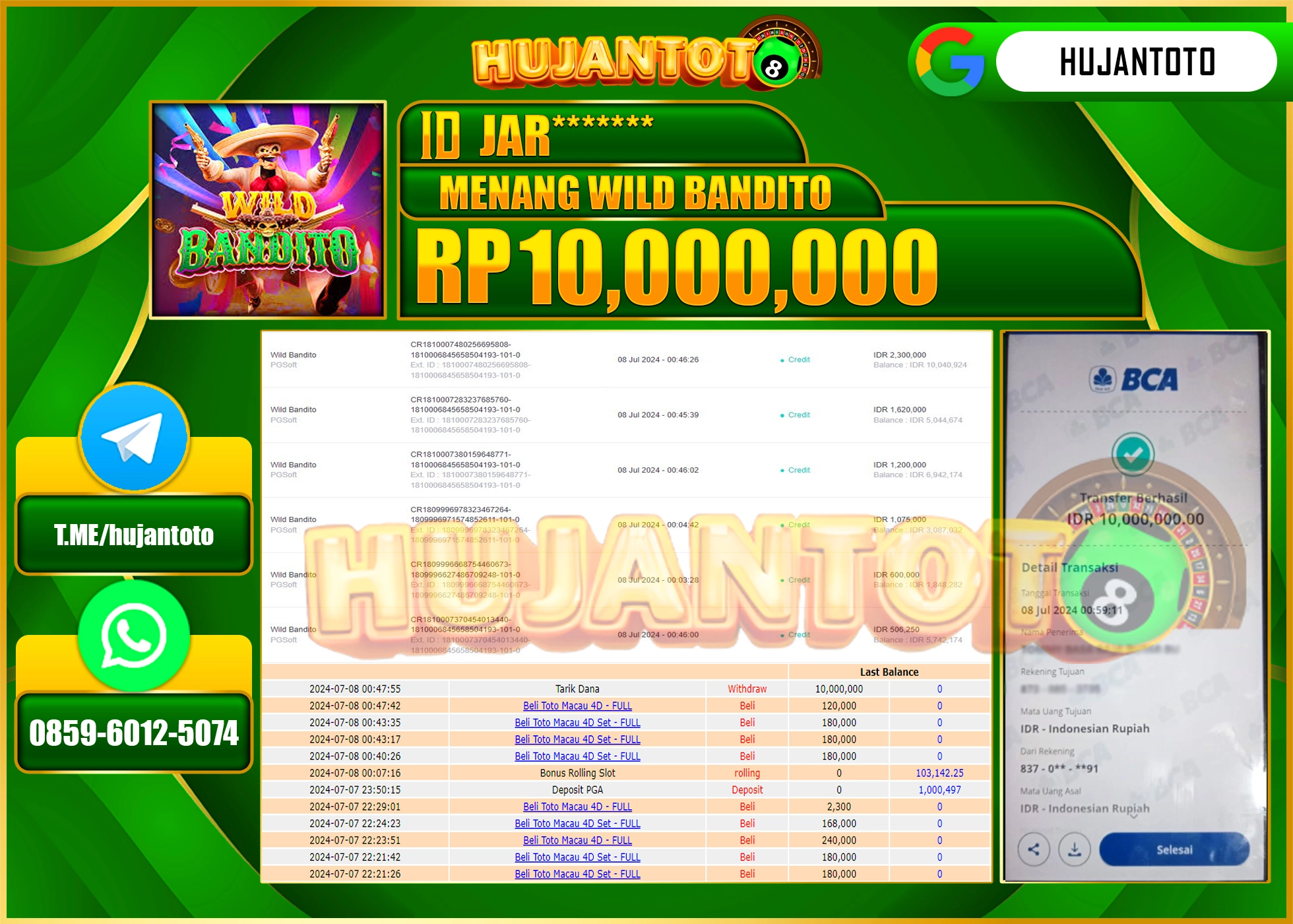 HUJANTOTO MENANG SLOT WILD BANDITO 10.000.000 - LUNAS 