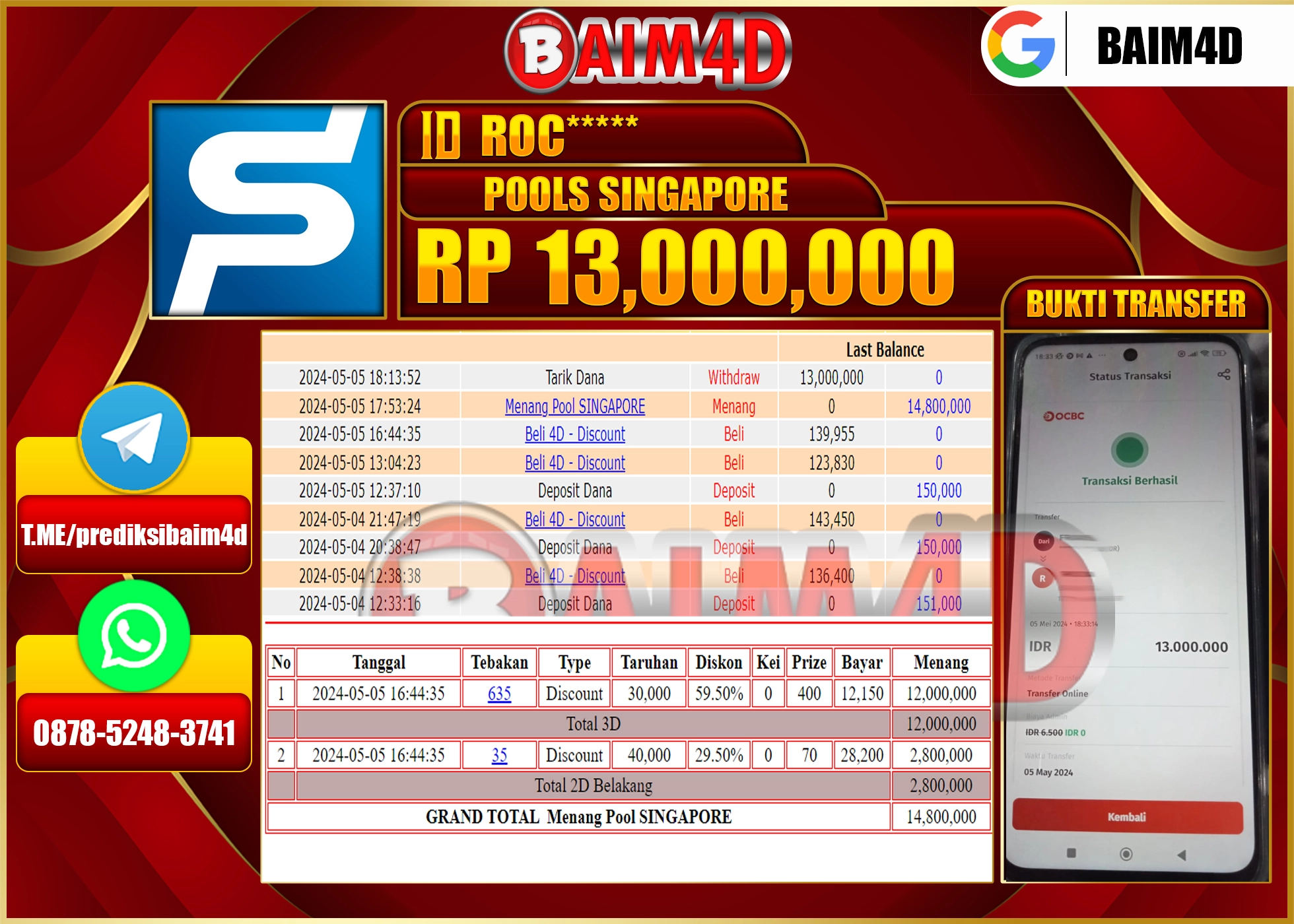 BAIM4D JACKPOT POOLS SINGAPORE Rp.13,000,000.,- LUNAS