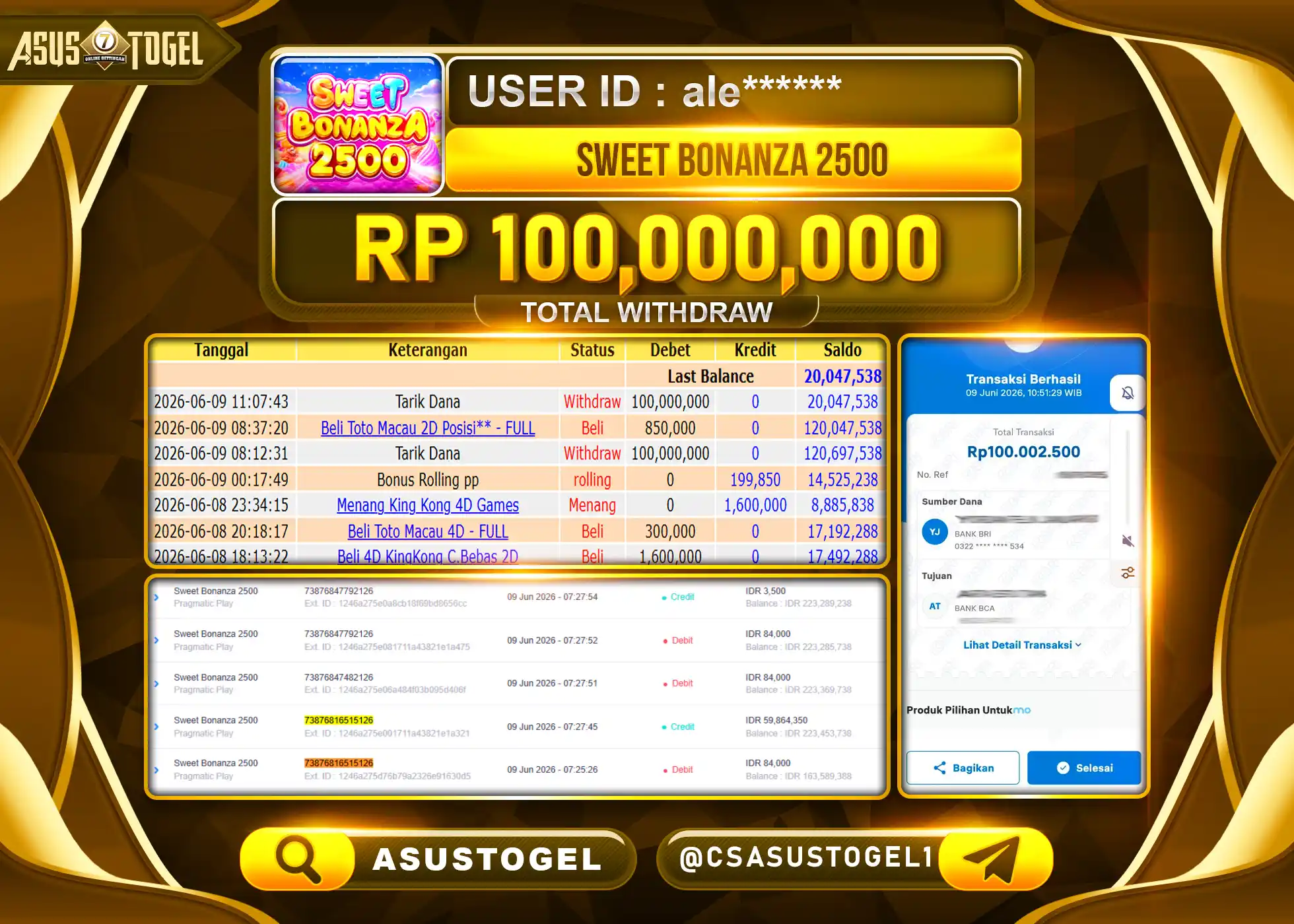 ASUSTOGEL KEMENANGAN JACKPOT SLOT SWEET BONANZA 2500 Rp.100,000,000 - RUPIAH LUNAS
