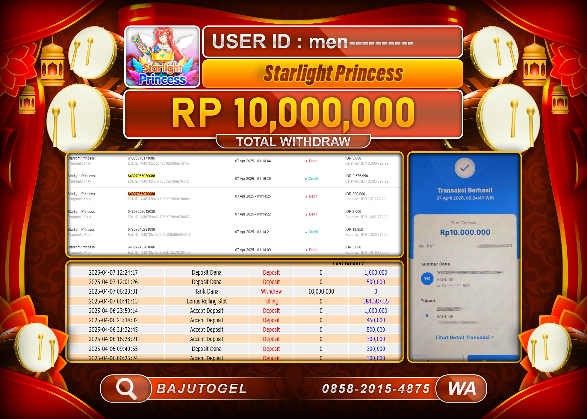 BAJUTOGEL KEMENANGAN  STARLIGHT PRINCESS Rp.10.000.000 LUNAS