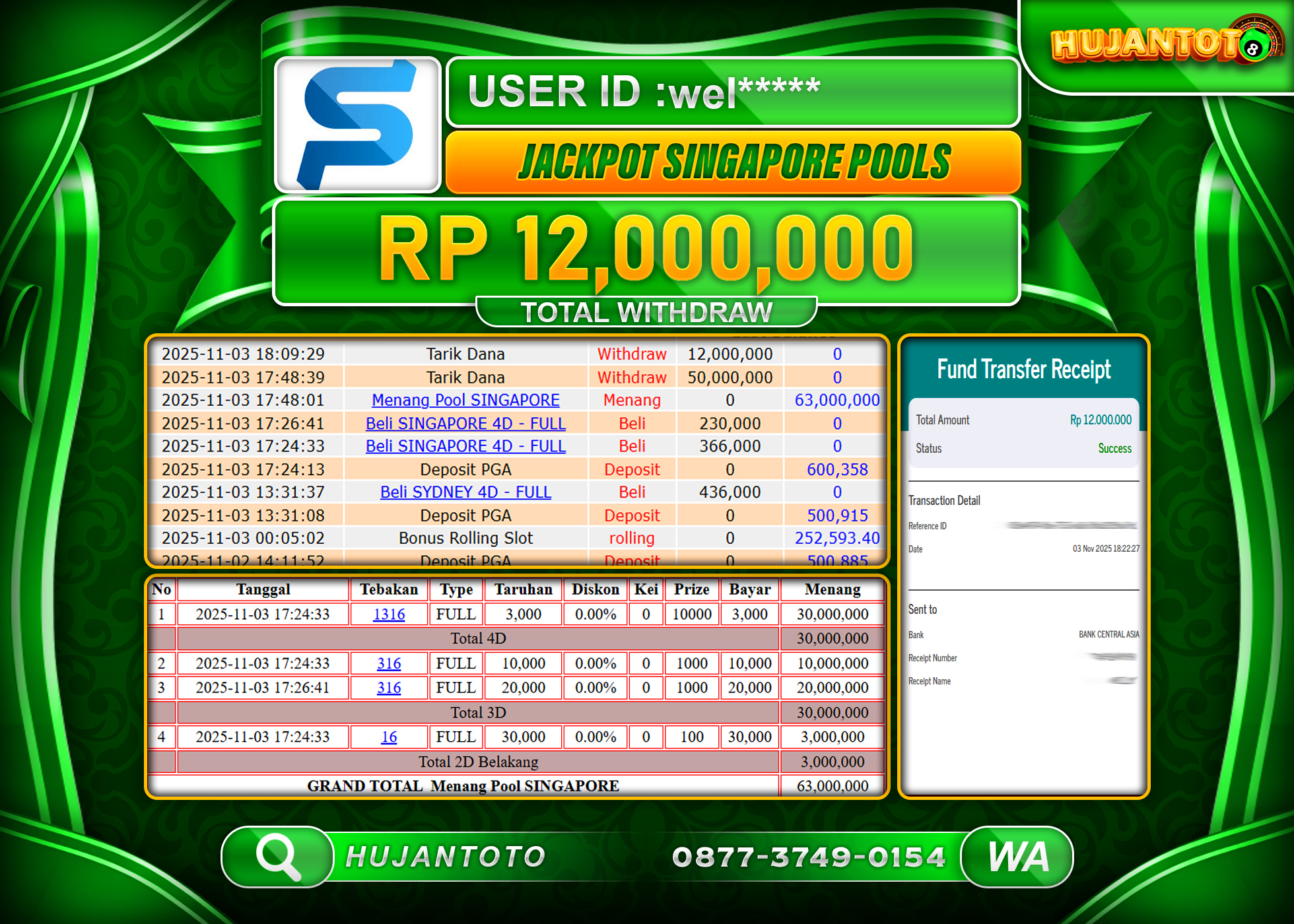 HUJANTOTO - BUKTI JACKPOT MENANG TOGEL SINGAPORE POOLS Rp.12,000,000 - TERBAYAR LUNAS