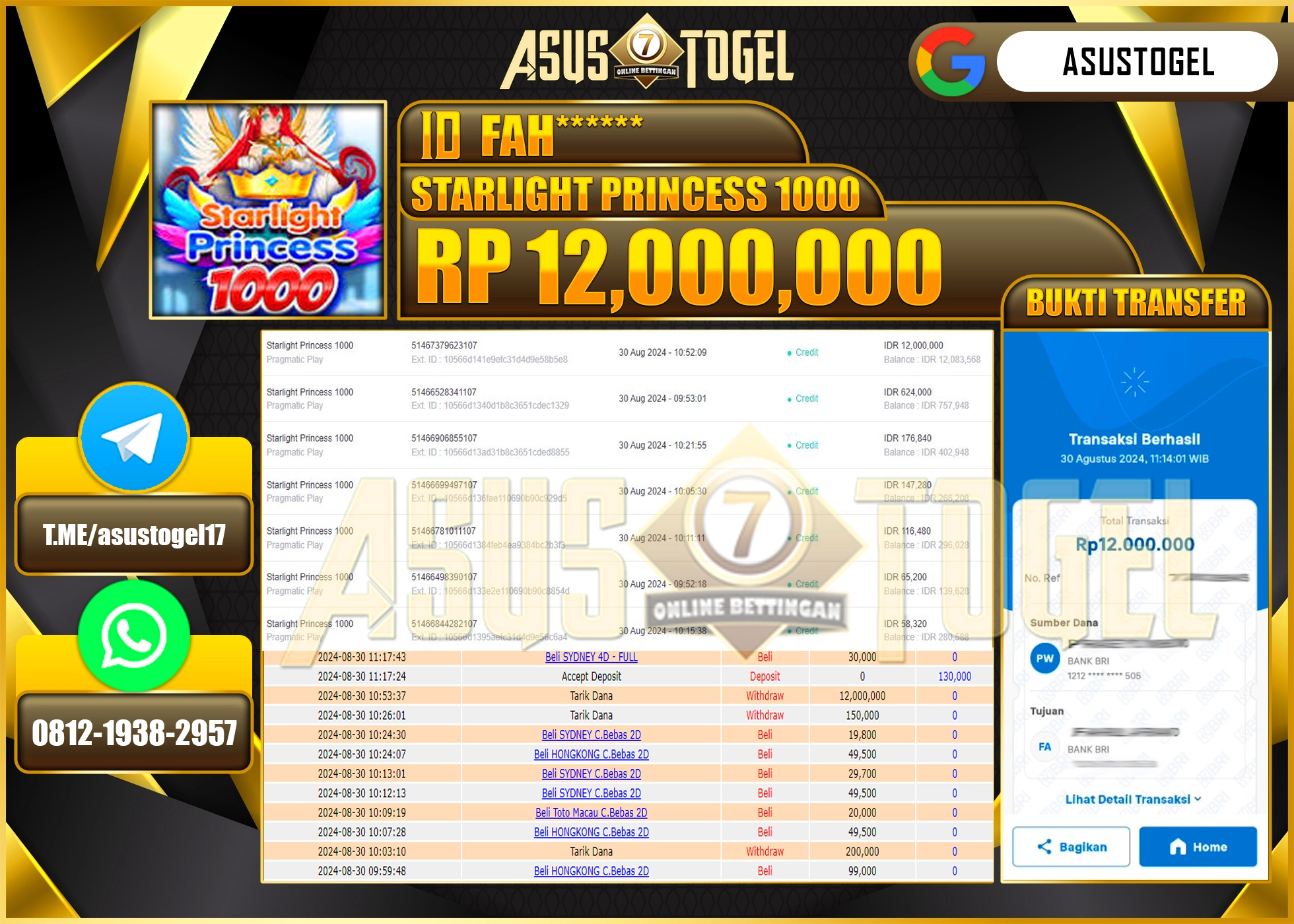 ASUSTOGEL KEMENANGAN DI    MENANG   STARLIGHT PRINCESS 1000 SEBESAR 11,000,000- RUPIAH LUNAS