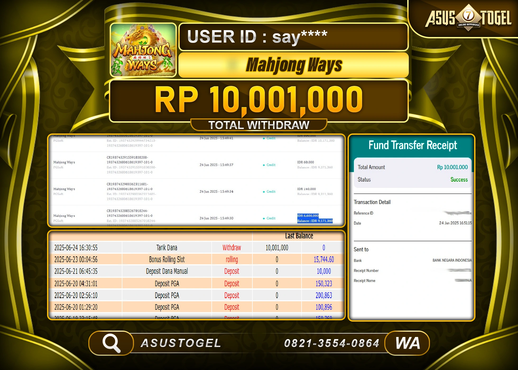 ASUSTOGEL KEMENANGAN DI SLOT MAHJONG WAYS  SEBESAR 10,001,000- RUPIAH LUNAS