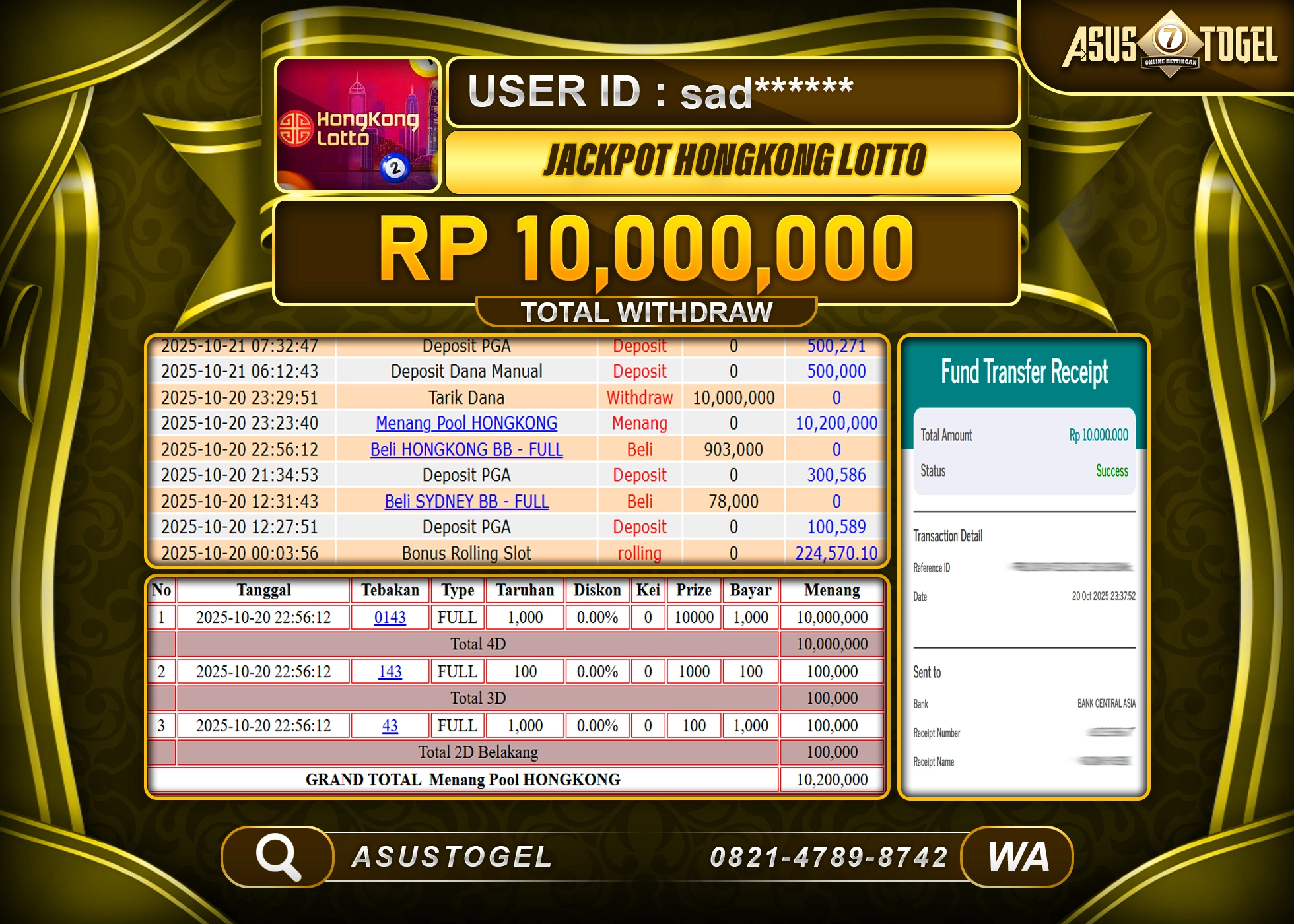 ASUSTOGEL KEMENANGAN DI TOGEL HONGKONG LOTTO SEBESAR 10,000,000- RUPIAH LUNAS