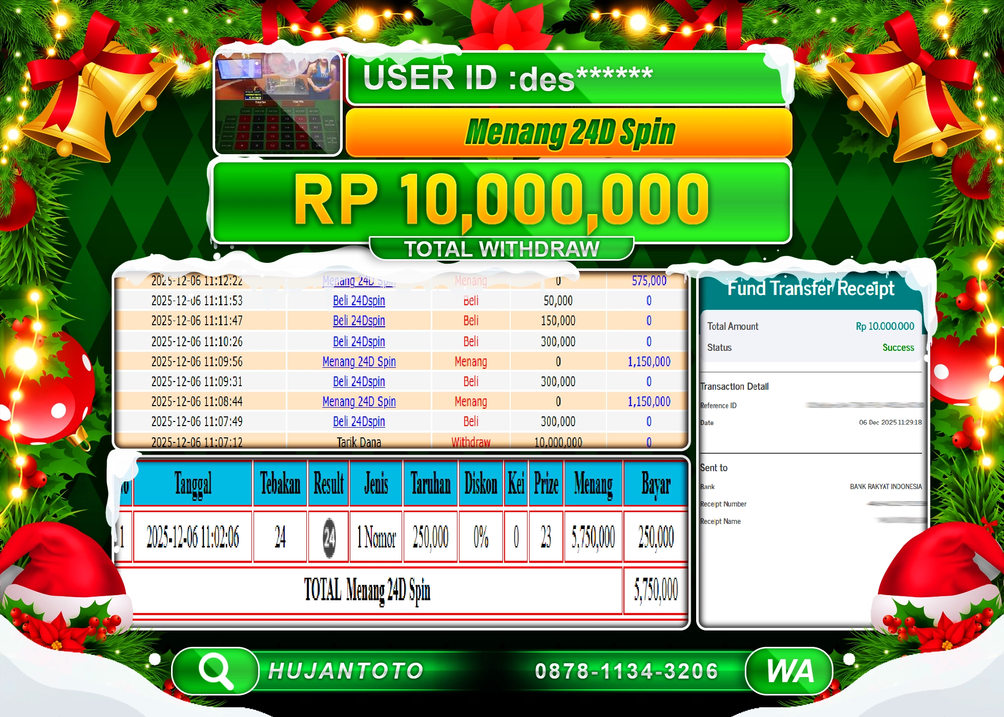 HUJANTOTO - BUKTI JACKPOT MENANG LIVEGAME 24D SPIN GAMES Rp.10,000,000 - TERBAYAR LUNAS