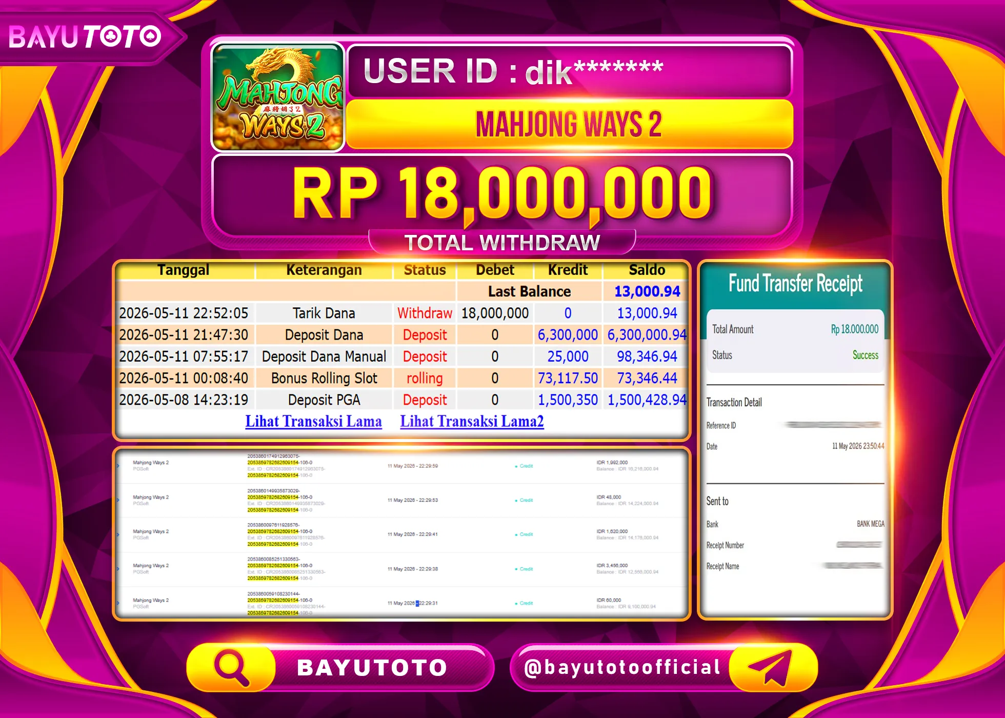 SELAMAT MEMBER SETIA BAYUTOTO JACKPOT DI SLOT MAHJONG WAYS 2 (PGSOFT) Rp. 18,000,000 LUNAS