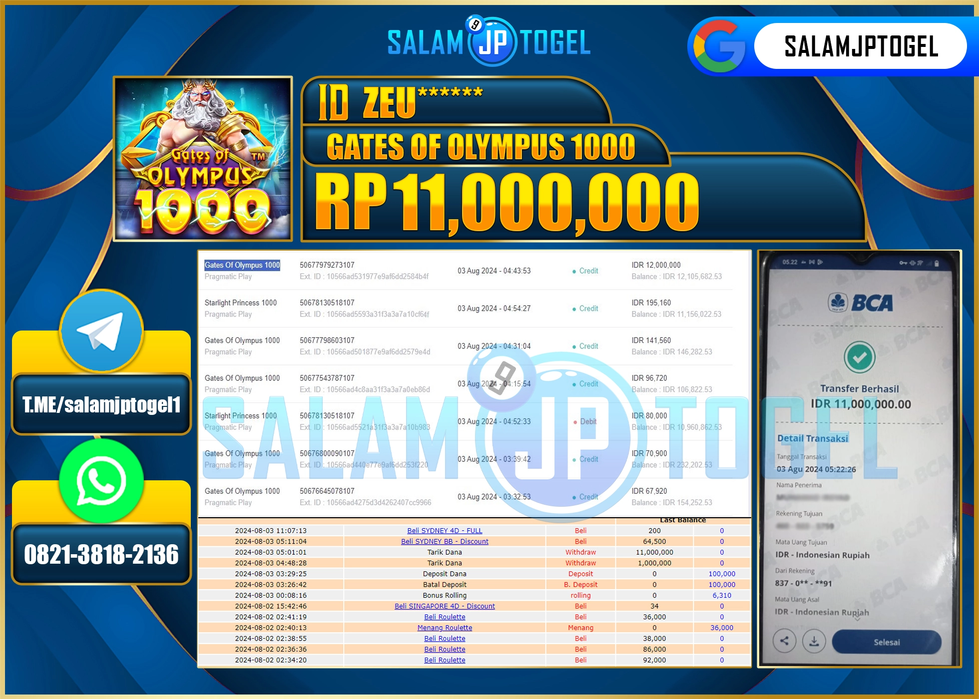 SALAMJPTOGEL MENANG SLOT GATES OF OLYMPUS 1000 RP. 11,000,000 LUNAS