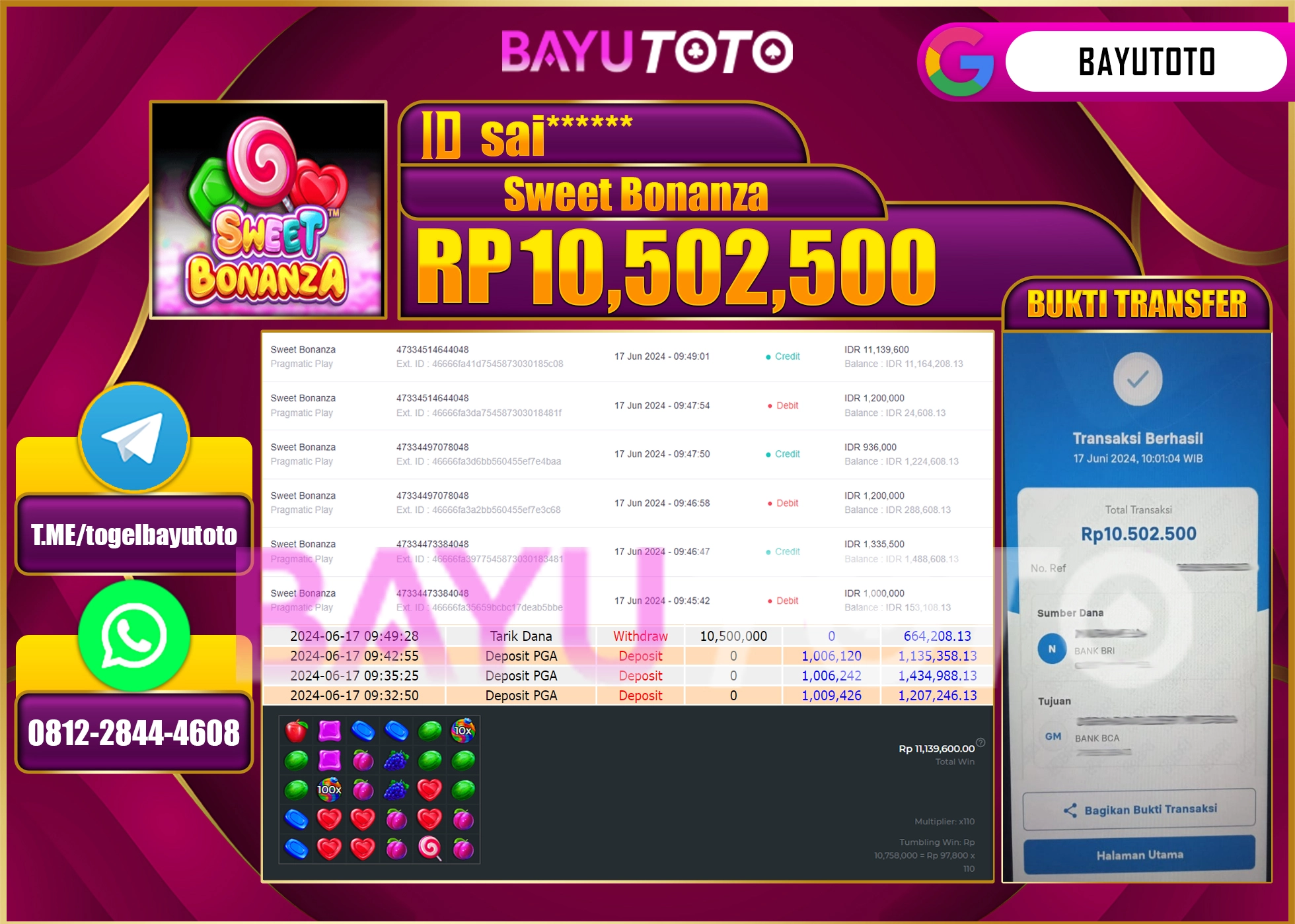 BAYUTOTO JACKPOT SLOT GAMES SWEET BONANZA Rp.10.502.500 LUNAS