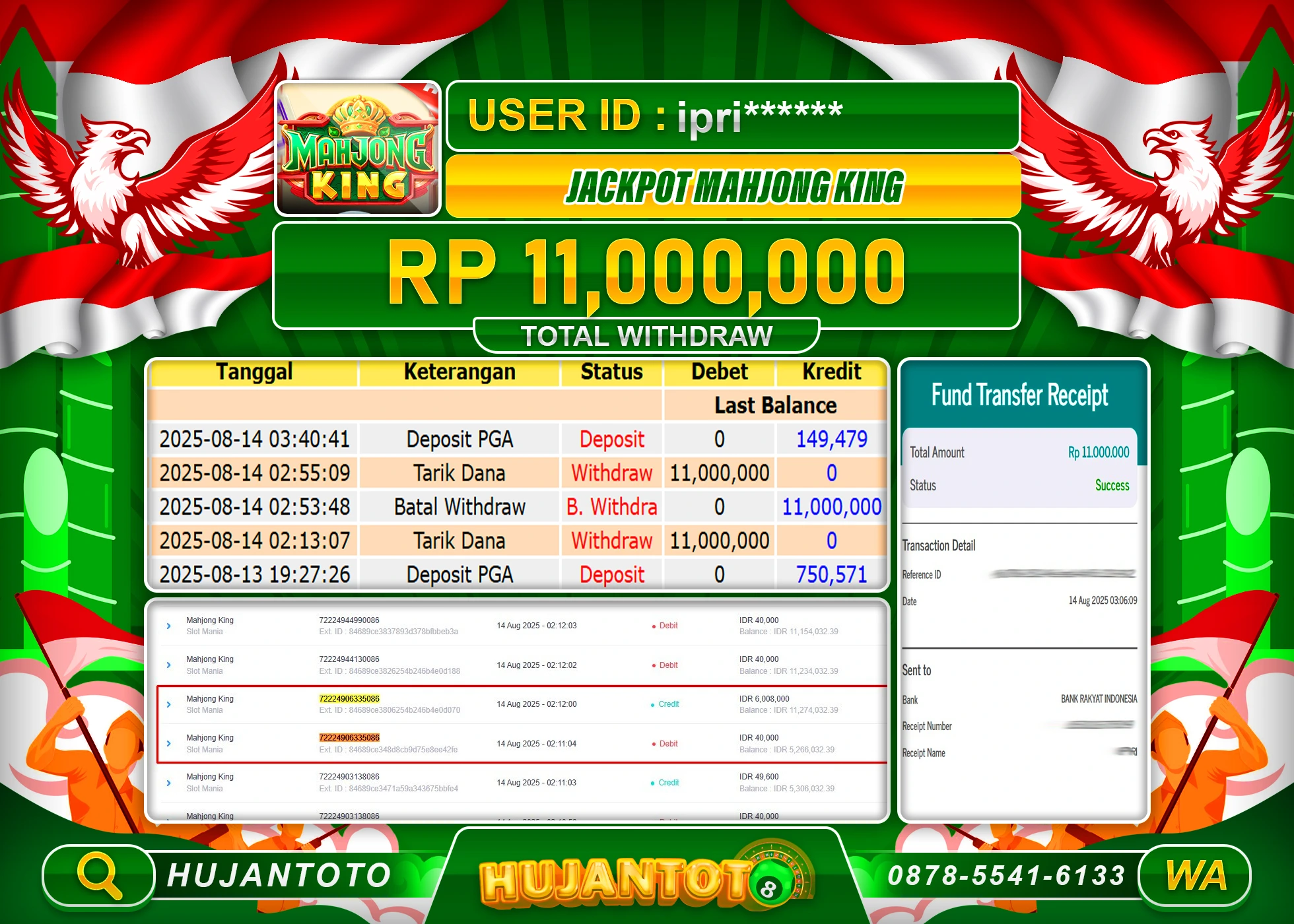 HUJANTOTO - BUKTI JACKPOT MENANG SLOT MAHJONG KING Rp.11,000,000 - TERBAYAR LUNAS