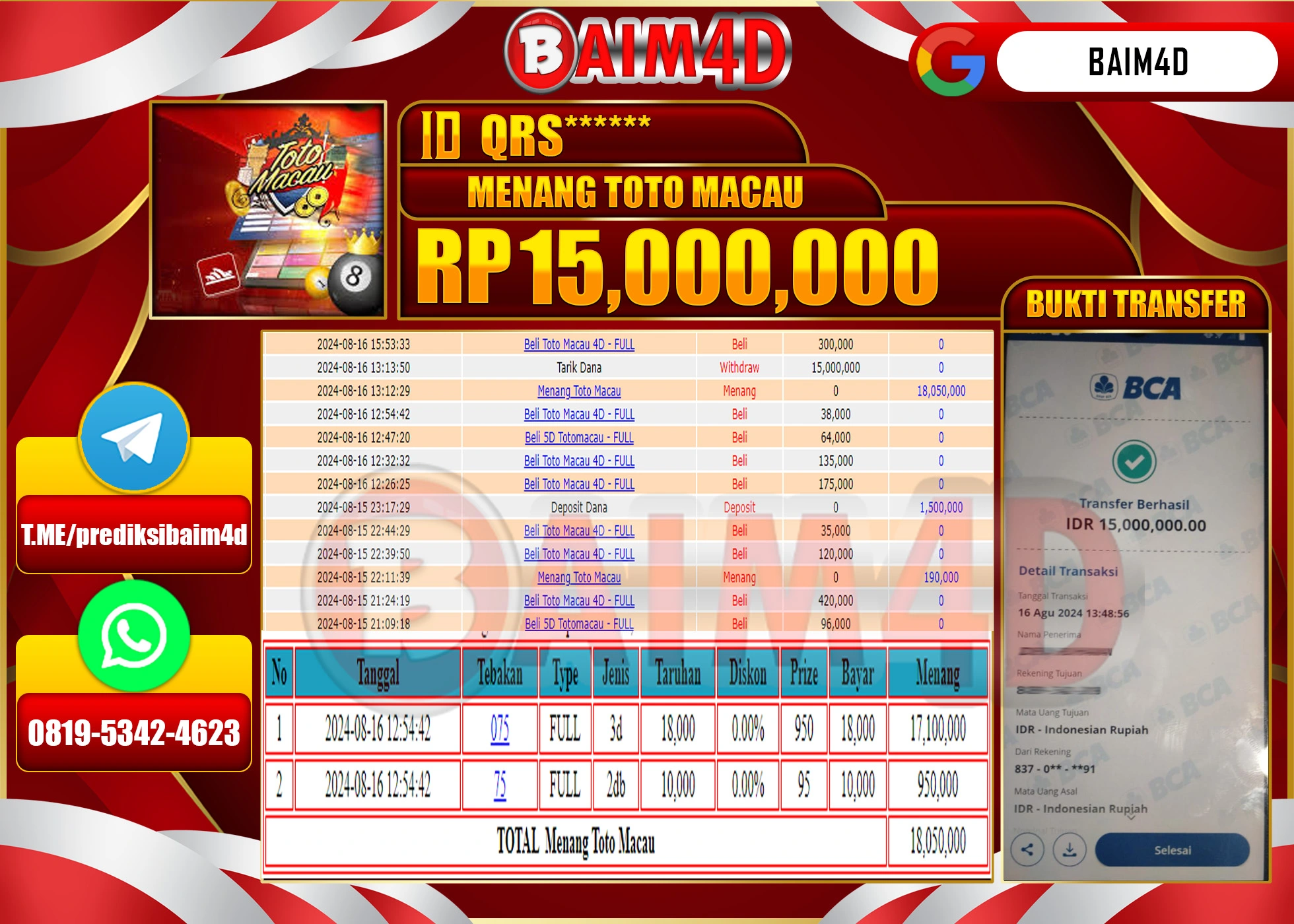 BAIM4D JACKPOT TOTO MACAU GAMES Rp.15.000,000.- LUNAS