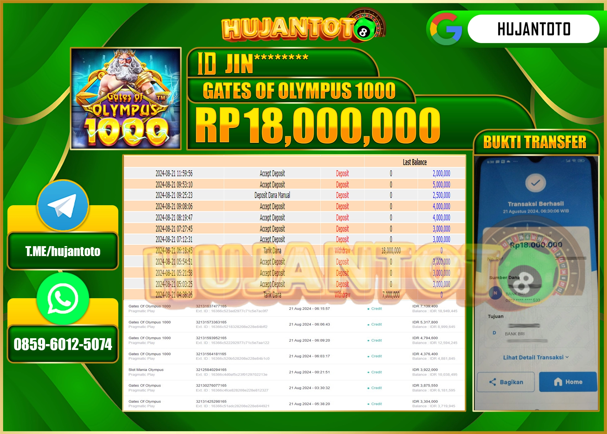 HUJANTOTO MENANG SLOT Gates Of Olympus 1000 (Pragmatic Play)  18.000.000 - LUNAS 