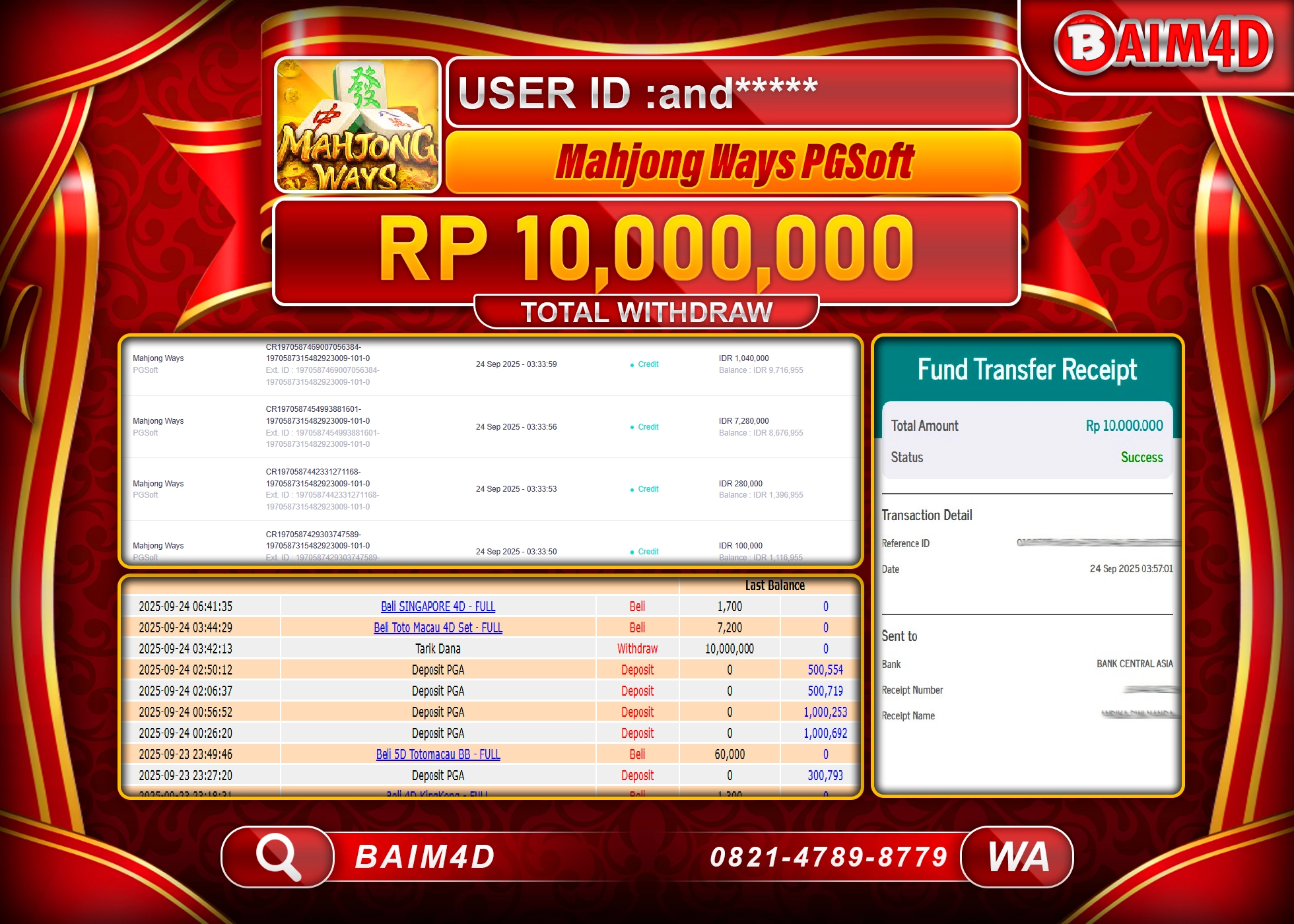 BAIM4D JACKPOT SLOT MAHJONG WAYS PG SOFT Rp.10,000,000.- LUNAS