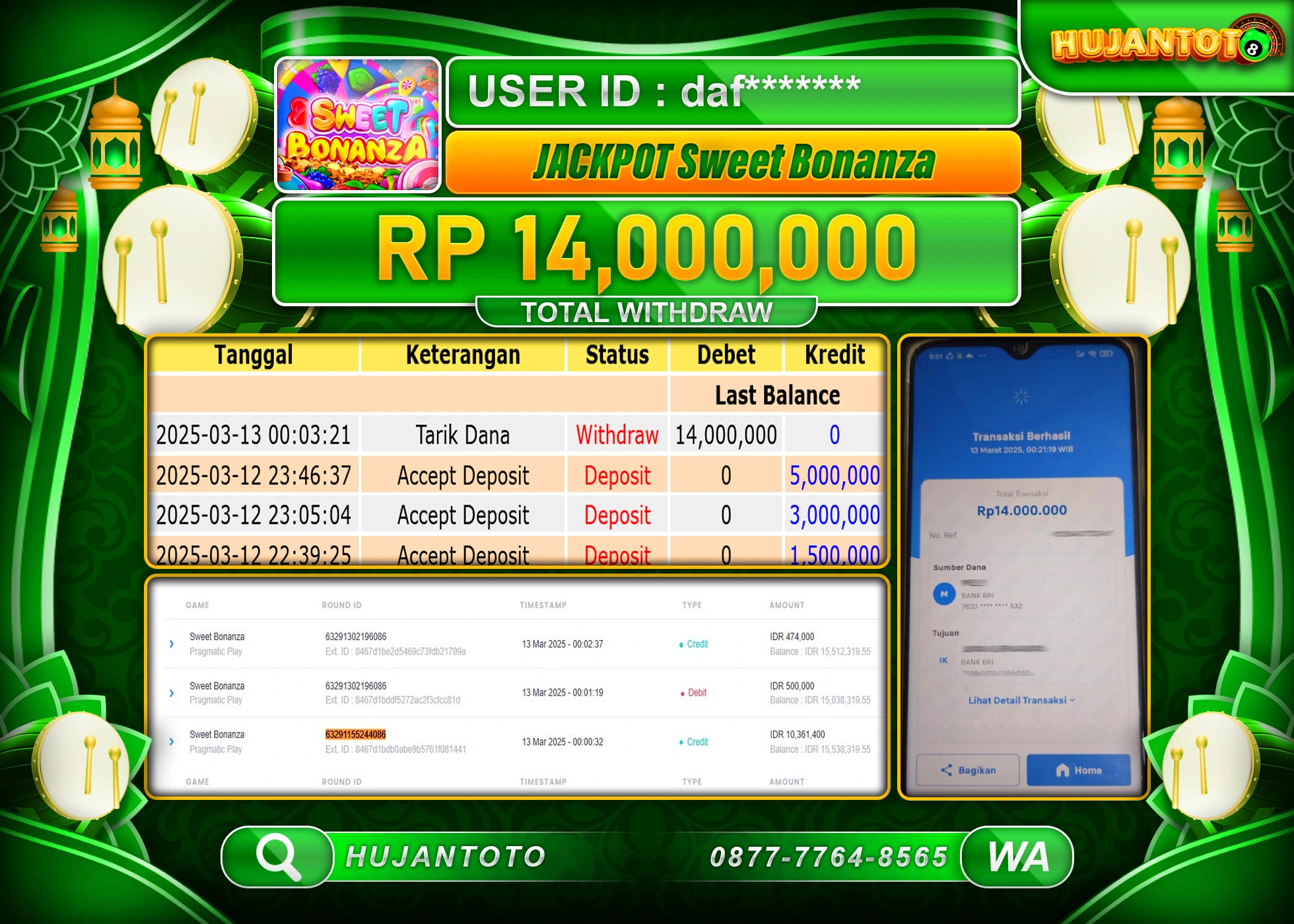 HUJANTOTO - BUKTI JACKPOT MENANG SLOT SWEET BONANZA Rp,14,000,000 - TERBAYAR LUNAS