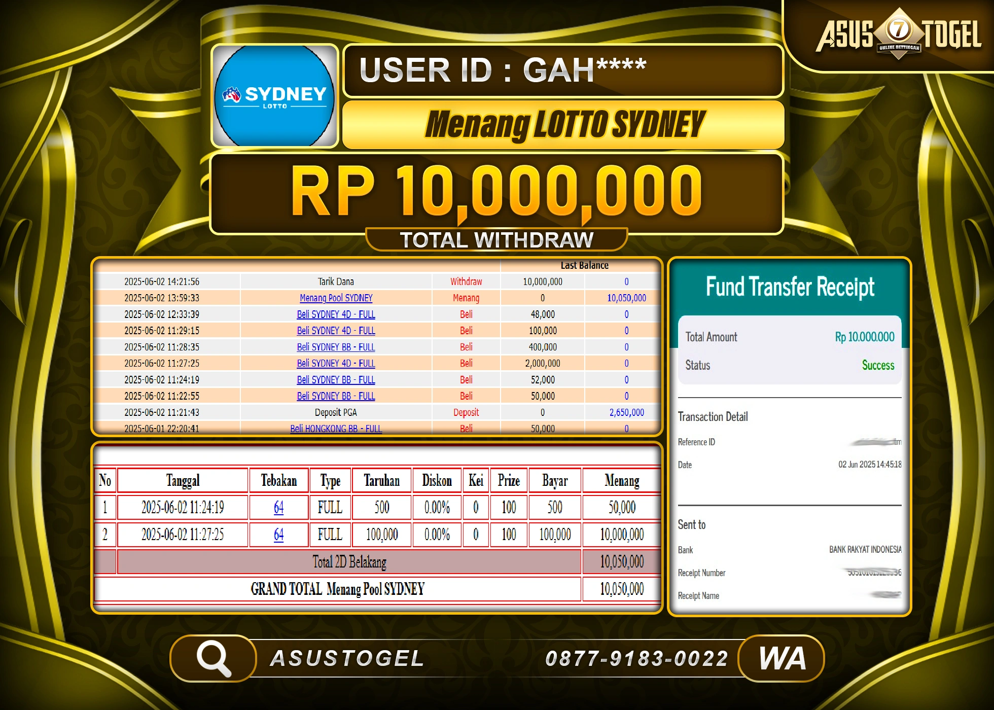  ASUSTOGEL KEMENANGAN DI TOGEL LOTTO SYDNEY SEBESAR 10,000,000- RUPIAH LUNAS