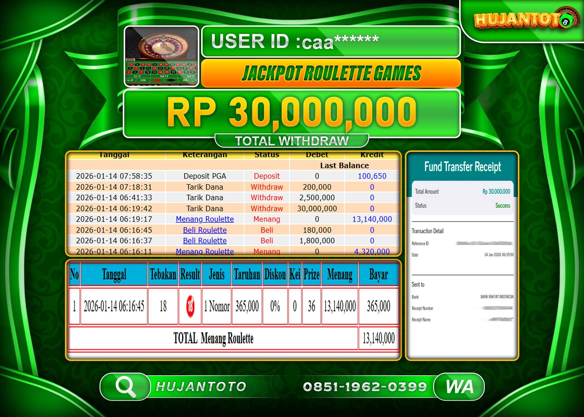 HUJANTOTO - BUKTI JACKPOT MENANG LIVEGAMES ROUTLETTE GAMES Rp.30,000,000 - TERBAYAR LUNAS