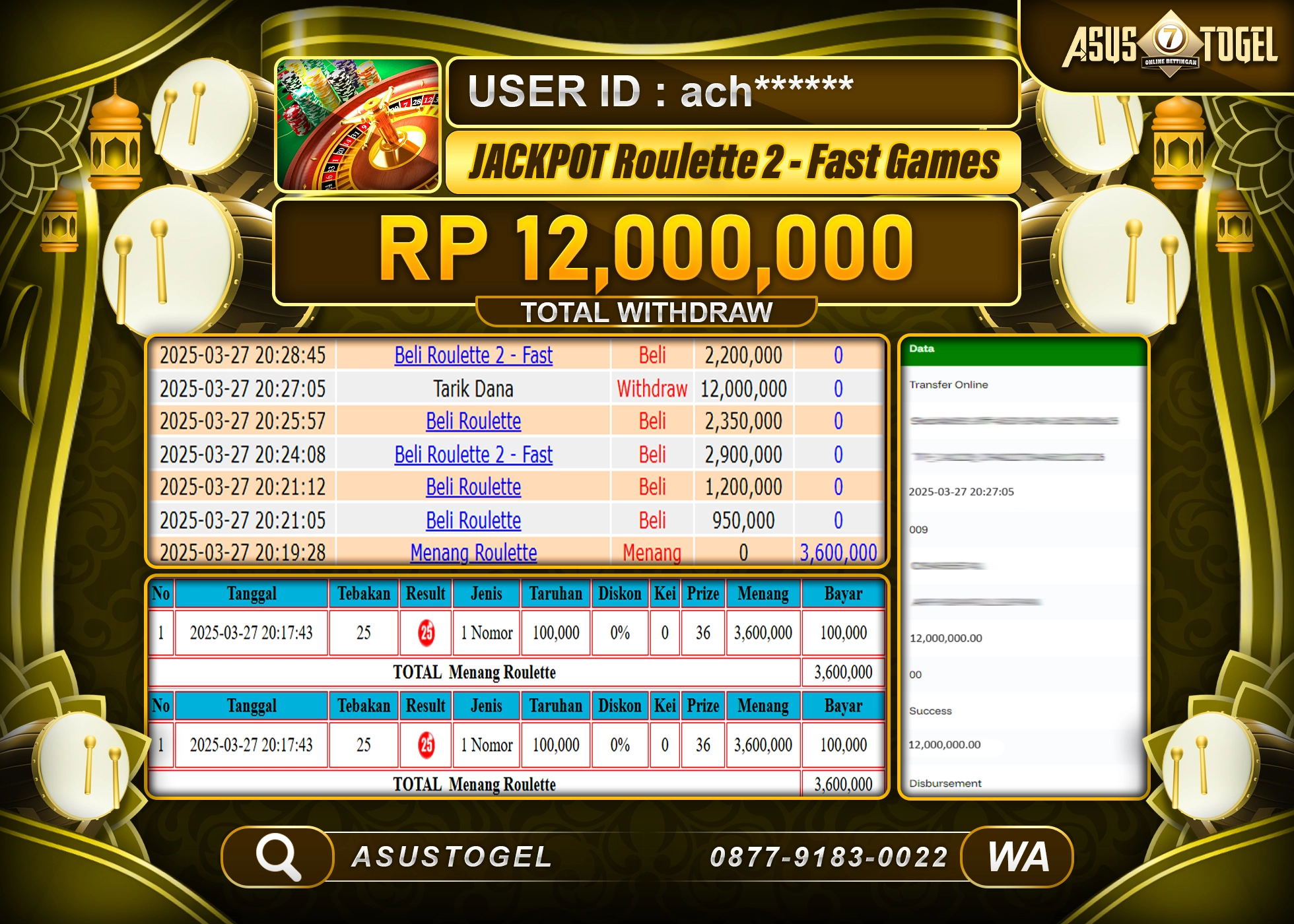 ASUSTOGEL KEMENANGAN DI ROULETTE 2 - FAST GAMES SEBESAR 12,000,000- RUPIAH LUNAS