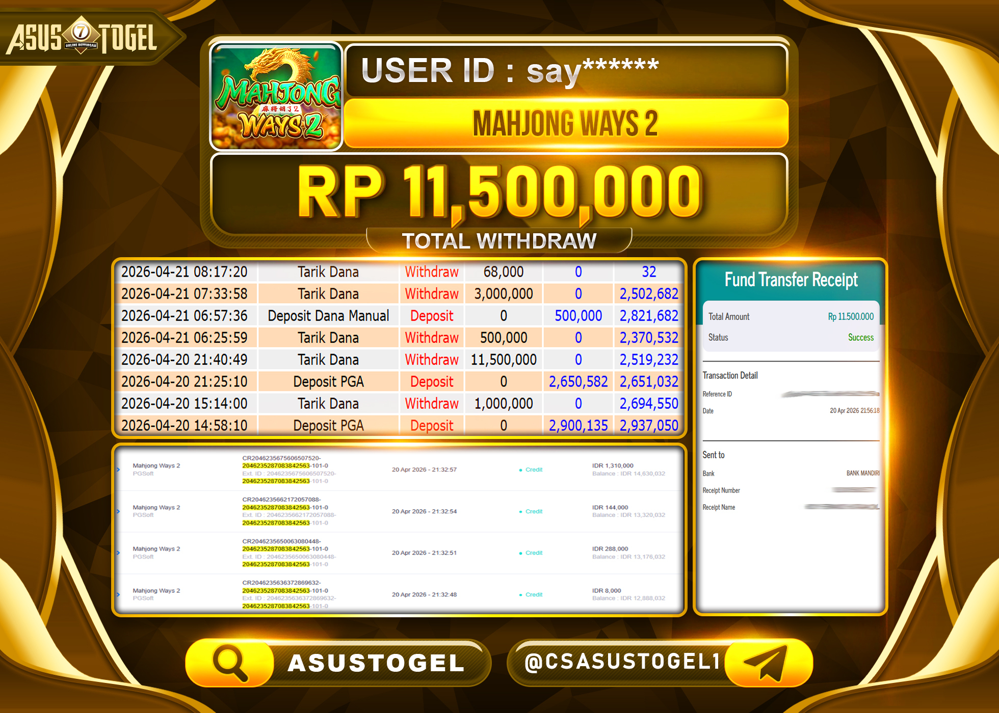 ASUSTOGEL KEMENANGAN JACKPOT DI PERMAINAN MAHJONG WAYS 2 SEBESAR Rp.11,500,000 - RUPIAH LUNAS