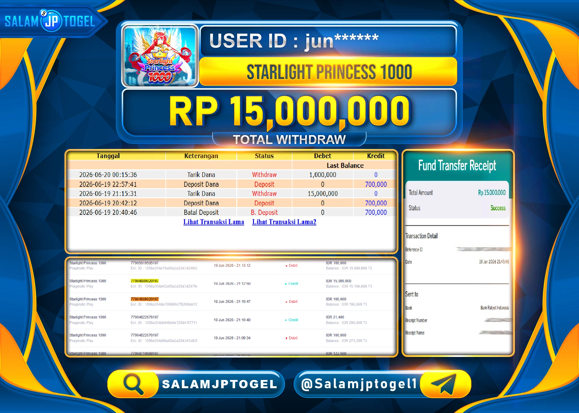 SALAMJPTOGEL JACKPOT MENANG SLOT STARLIGHT PRINCESS 1000 Rp.15,000,000 - LUNAS