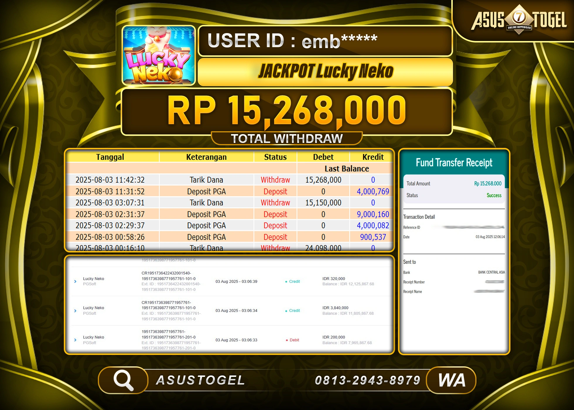 ASUSTOGEL KEMENANGAN DI SLOT LUCKY NEKO SEBESAR 15,268,000- RUPIAH LUNAS