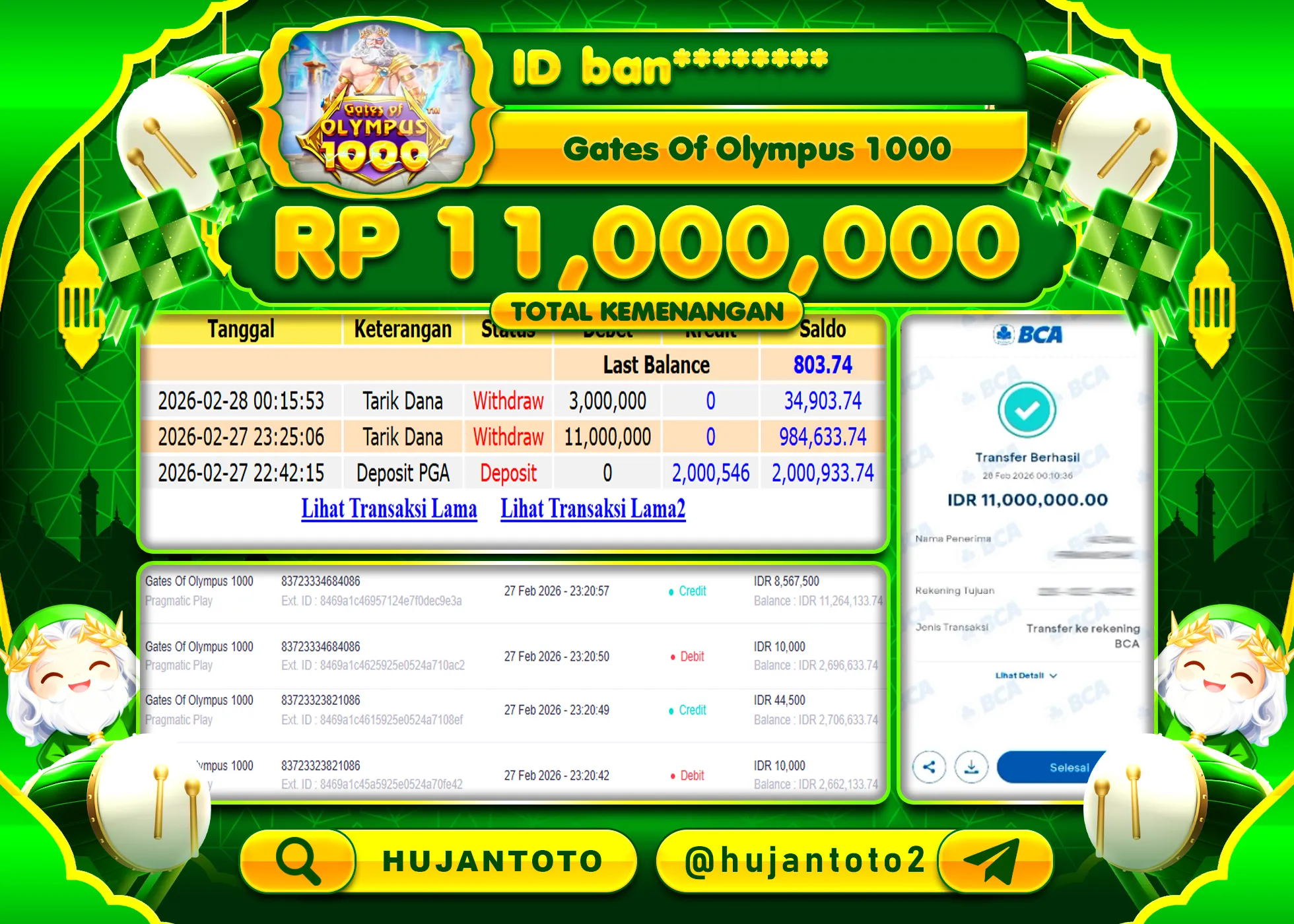 HUJANTOTO - BUKTI JACKPOT MENANG SLOT GATES OF OLYMPUS 1000 Rp.11,000,000 - TERBAYAR LUNAS