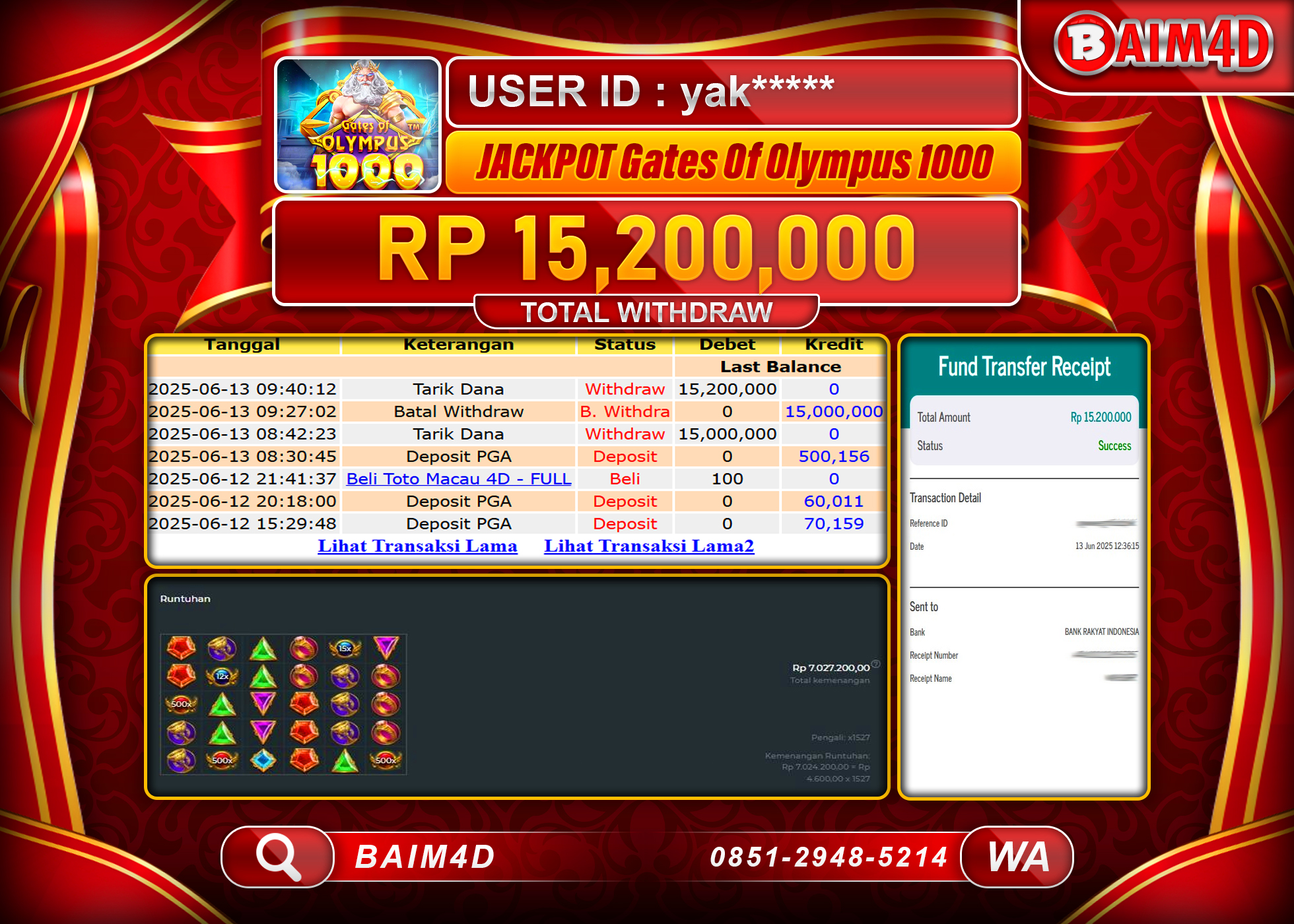 BAIM4D JACKPOT GATES OF OLYMPUS 1000   Rp.15,200,000.- LUNAS