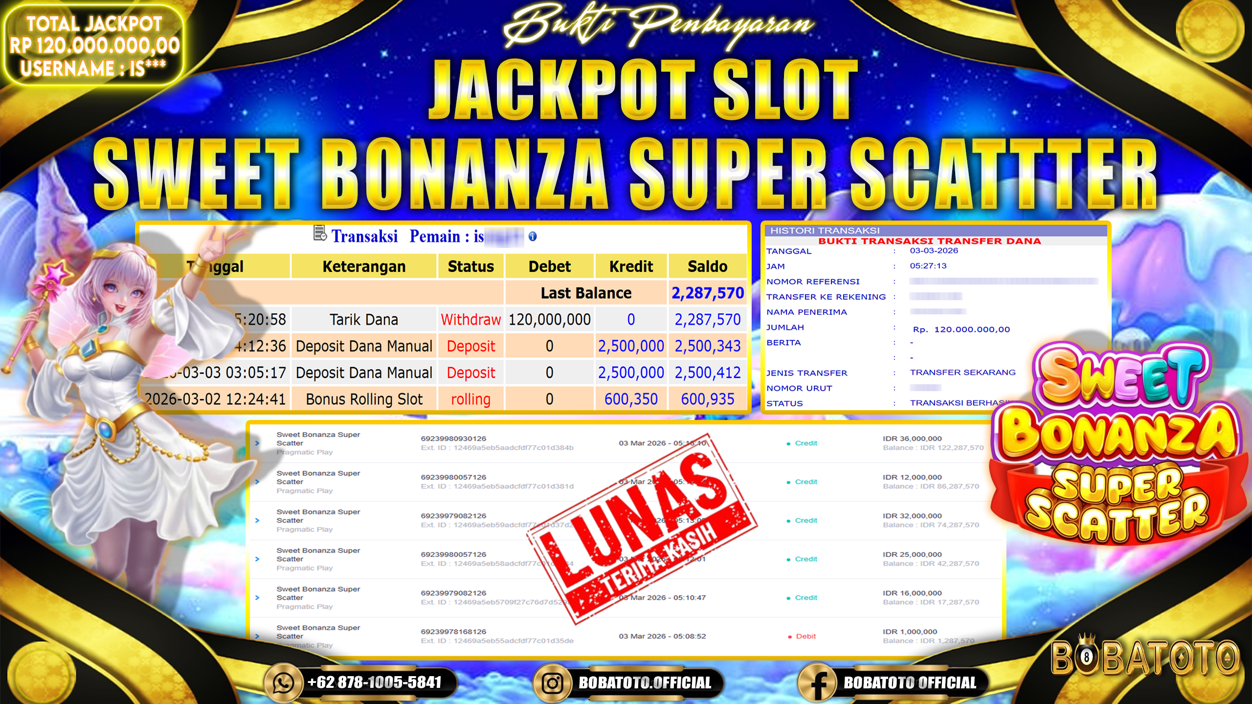 BOBATOTO JACKPOT SLOT PRAGMATIC SWEET BONANZA SUPER SCATTER Rp.120,000,000- LUNAS!!