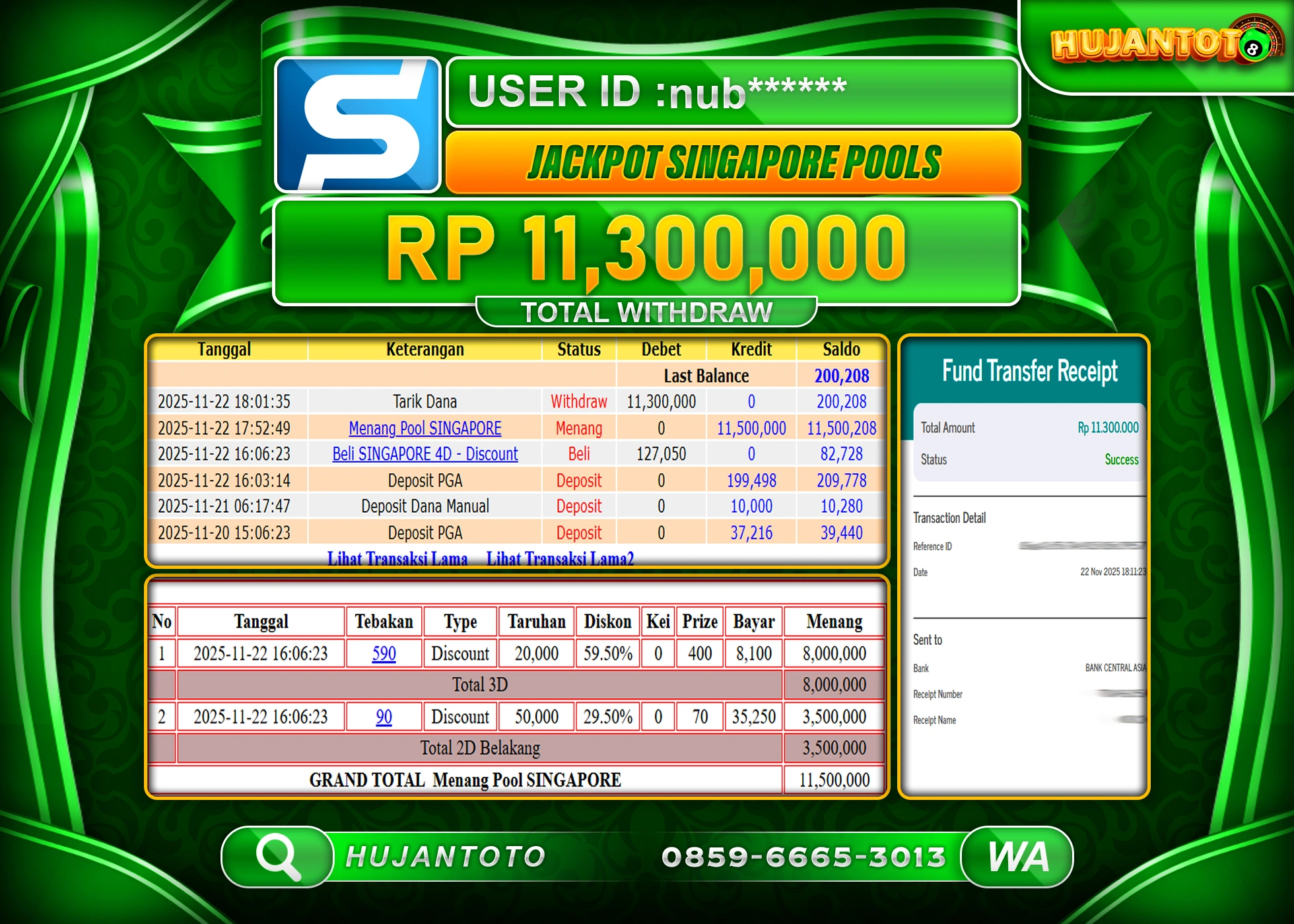 HUJANTOTO - BUKTI JACKPOT MENANG TOGEL SINGAPORE POOLS Rp.11,300,000 - TERBAYAR LUNAS