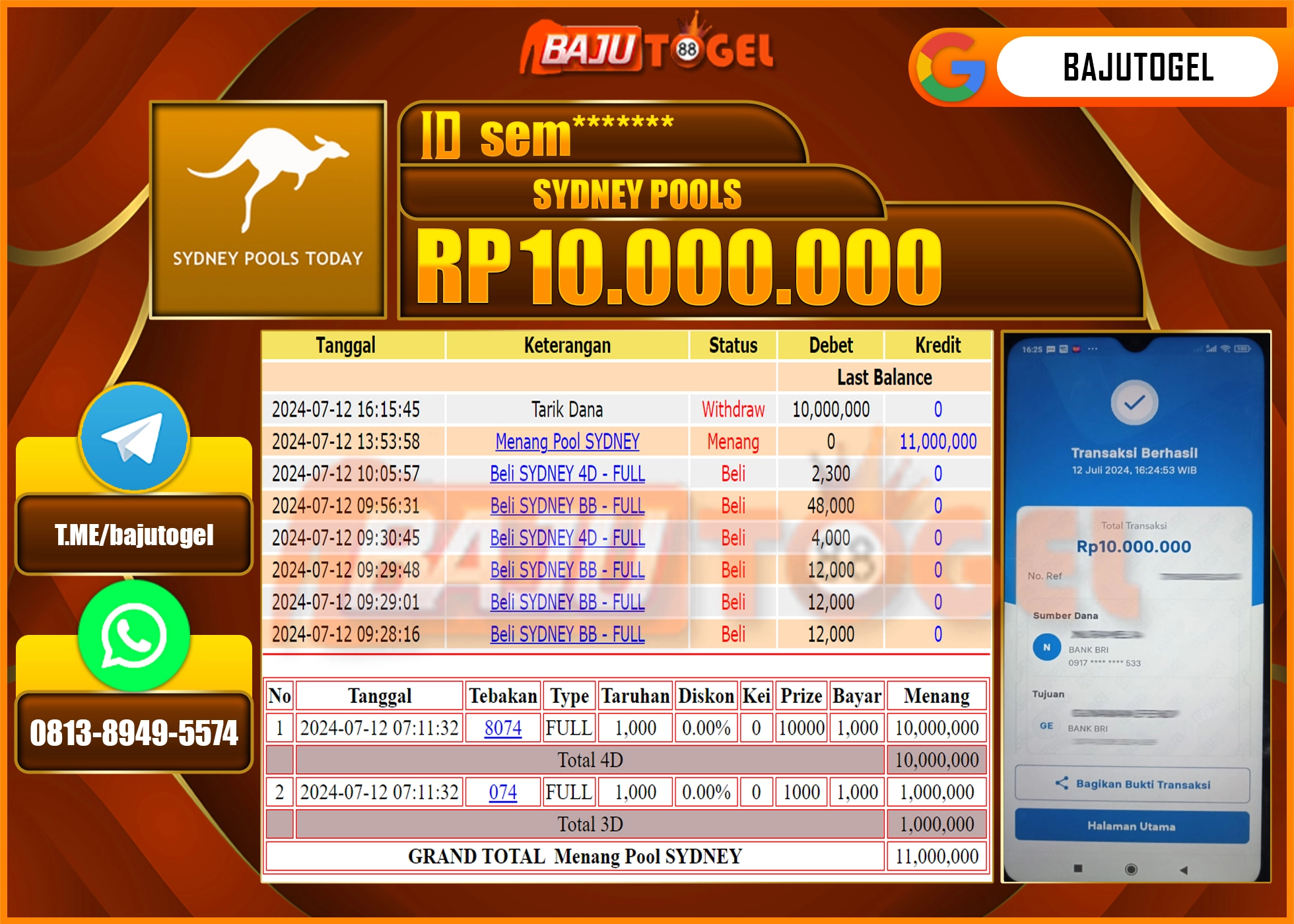 BAJUTOGEL KEMENANGAN PASARAN SYDNEY Rp.10.000.000 LUNAS