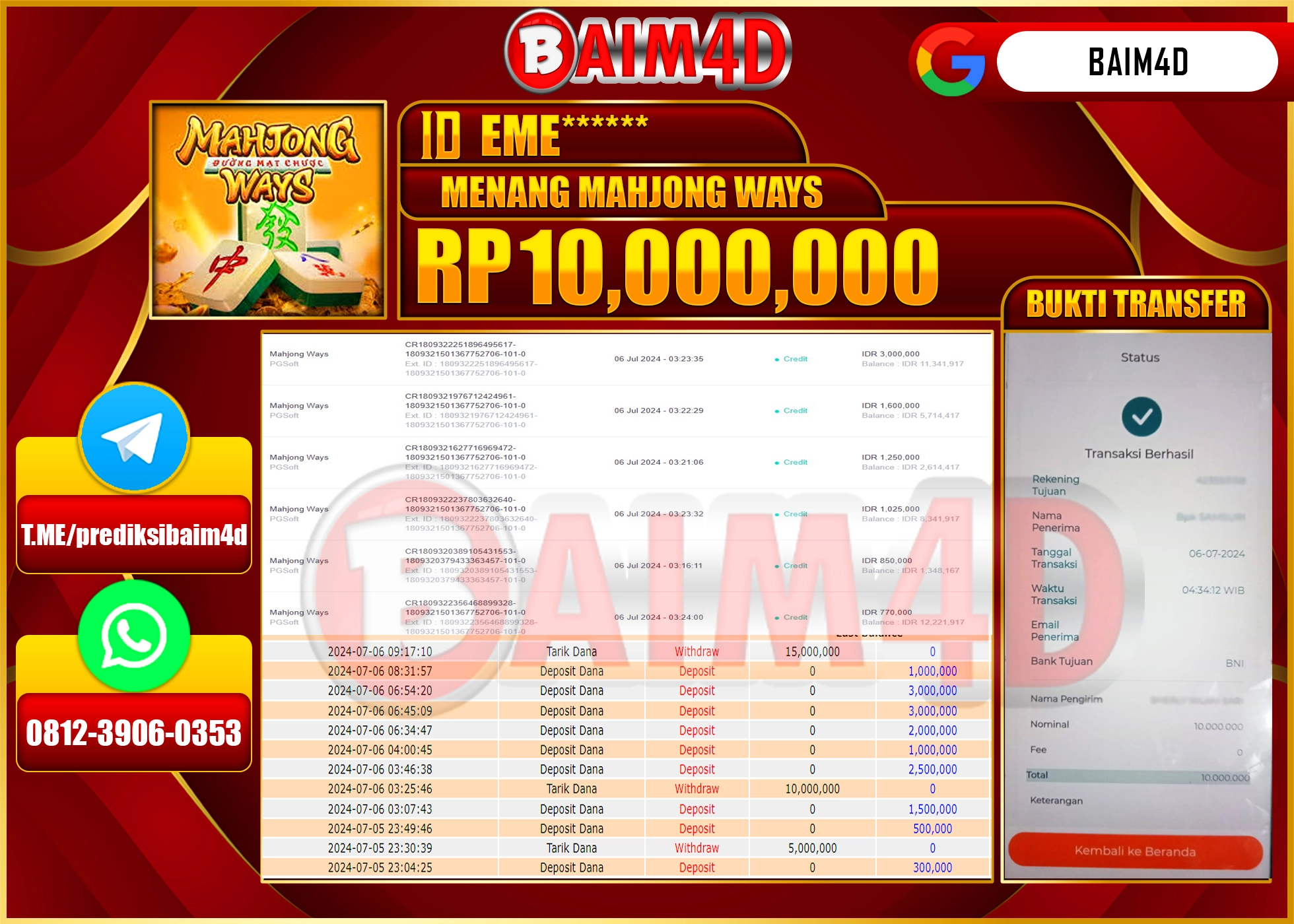 BAIM4D JACKPOT PG SOFT MAHJONG WAYS  Rp.10.000,000.- LUNAS