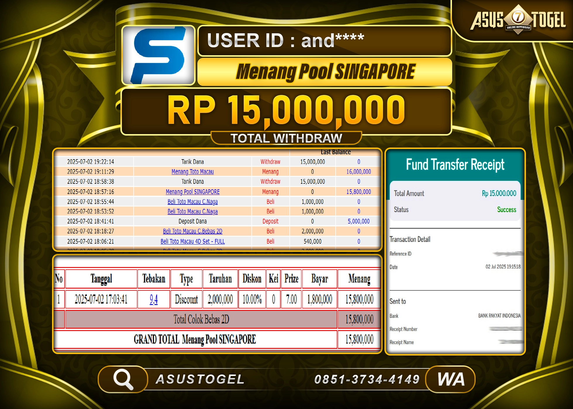 ASUSTOGEL KEMENANGAN DI TOGEL SINGAPORE POOL SEBESAR 15,000,000- RUPIAH LUNAS