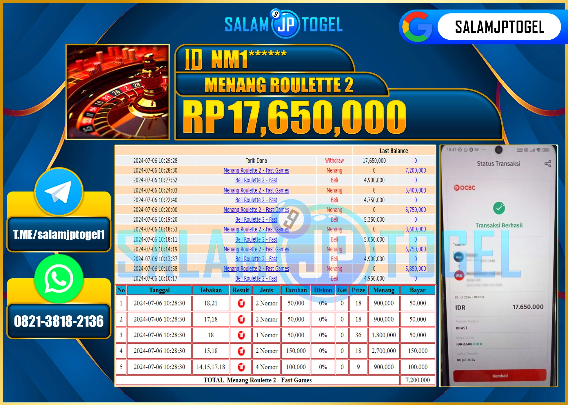 SALAMJPTOGEL MENANG ROULETTE 2 Fast Games RP. 17,650,000.,LUNAS