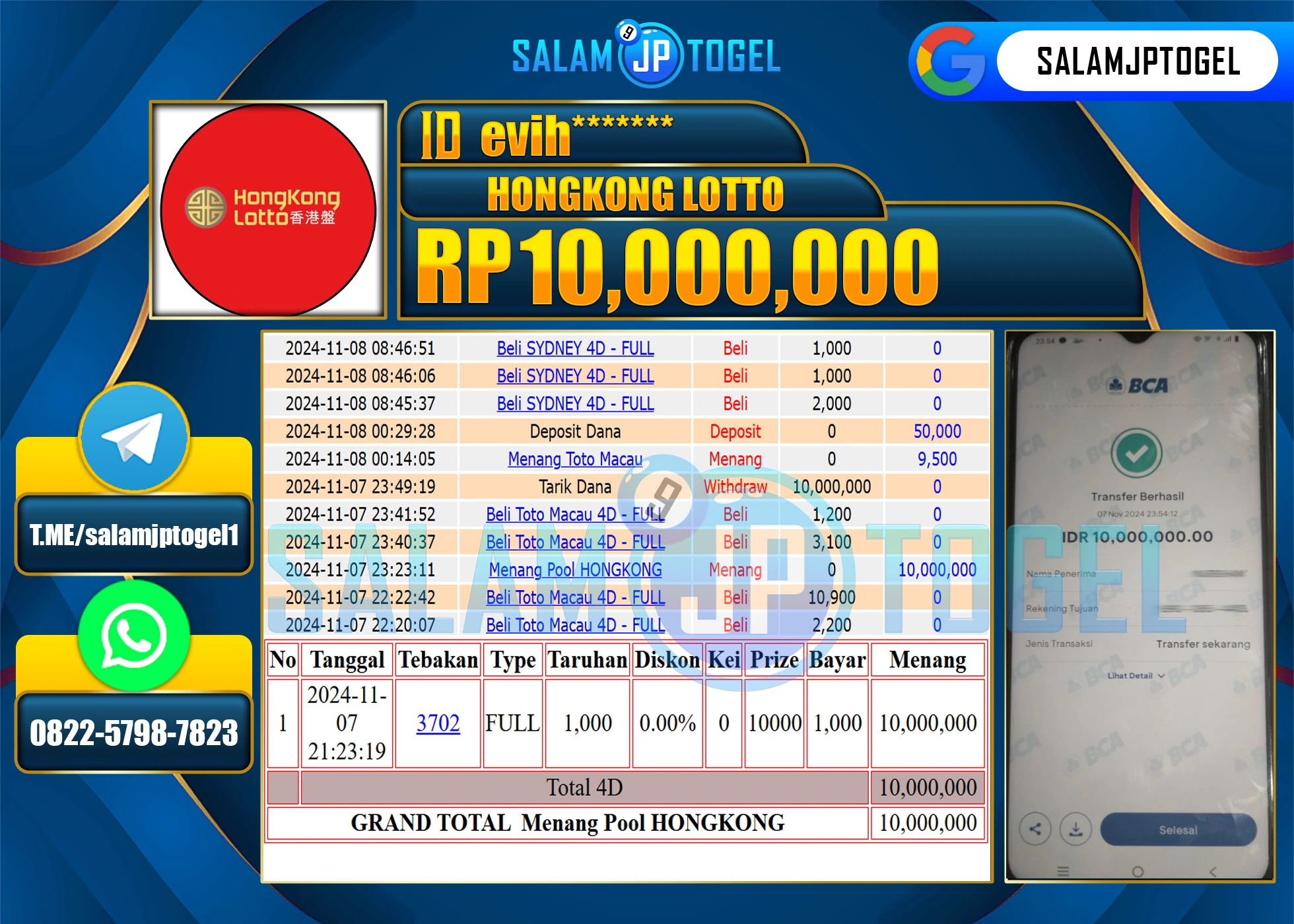 SALAMJPTOGEL MENANG HONGKONG LOTTO  RP. 10,000,000 LUNAS