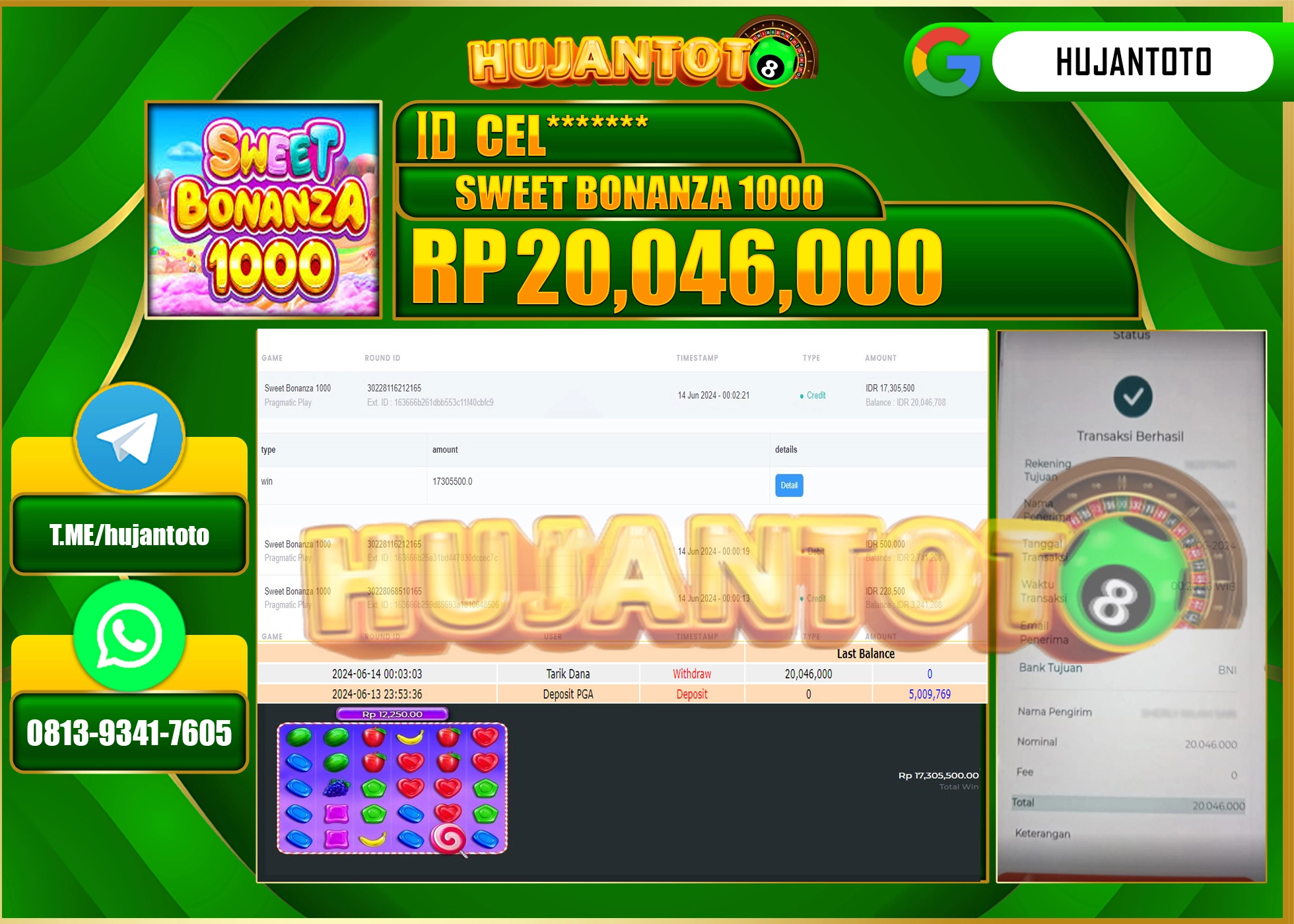 HUJANTOTO MENANG DI SWEET BONANZA 1000 20.046.000 - LUNAS 